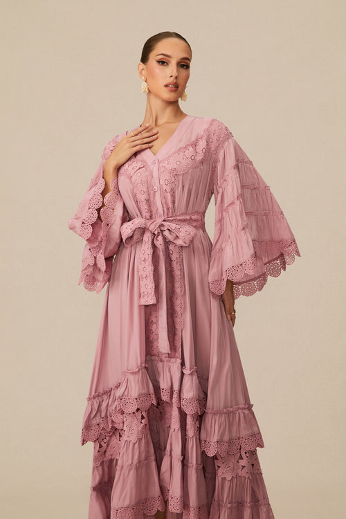 Essence of Elegance Pink Floral Lace Layered Midi Dress