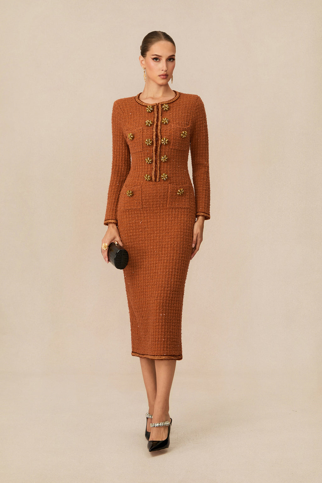 Cultured Poise Brown Crystal Button Tweed Midi Dress