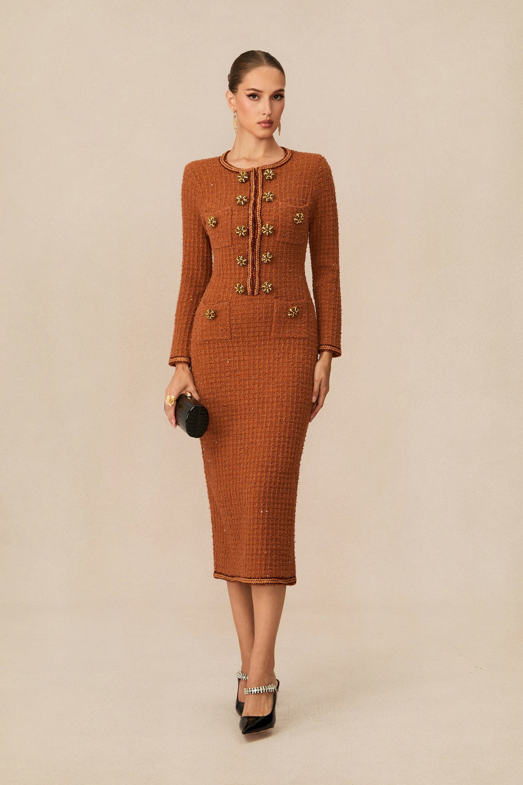 Cultured Poise Brown Crystal Button Tweed Midi Dress