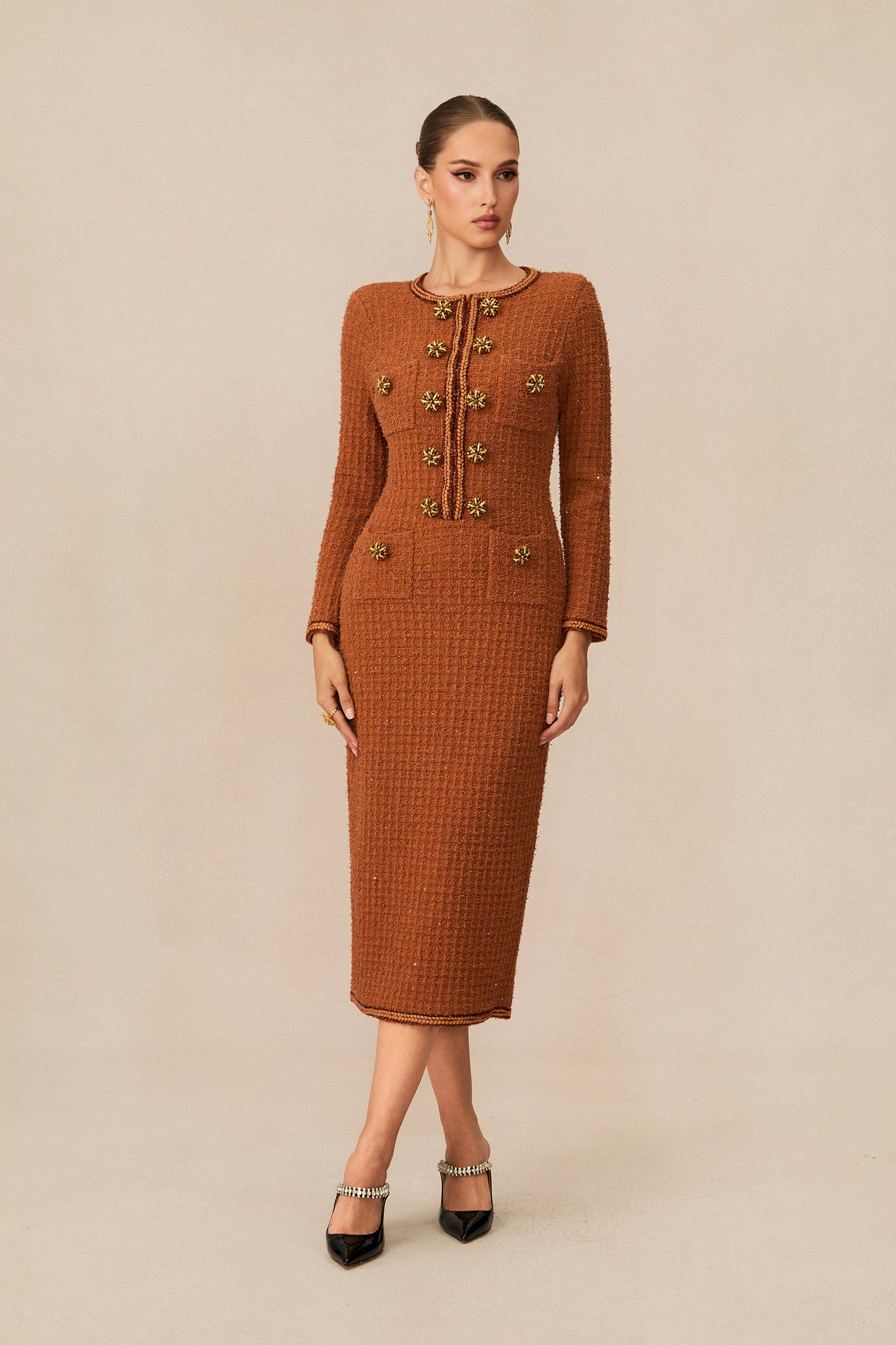 Cultured Poise Brown Crystal Button Tweed Midi Dress