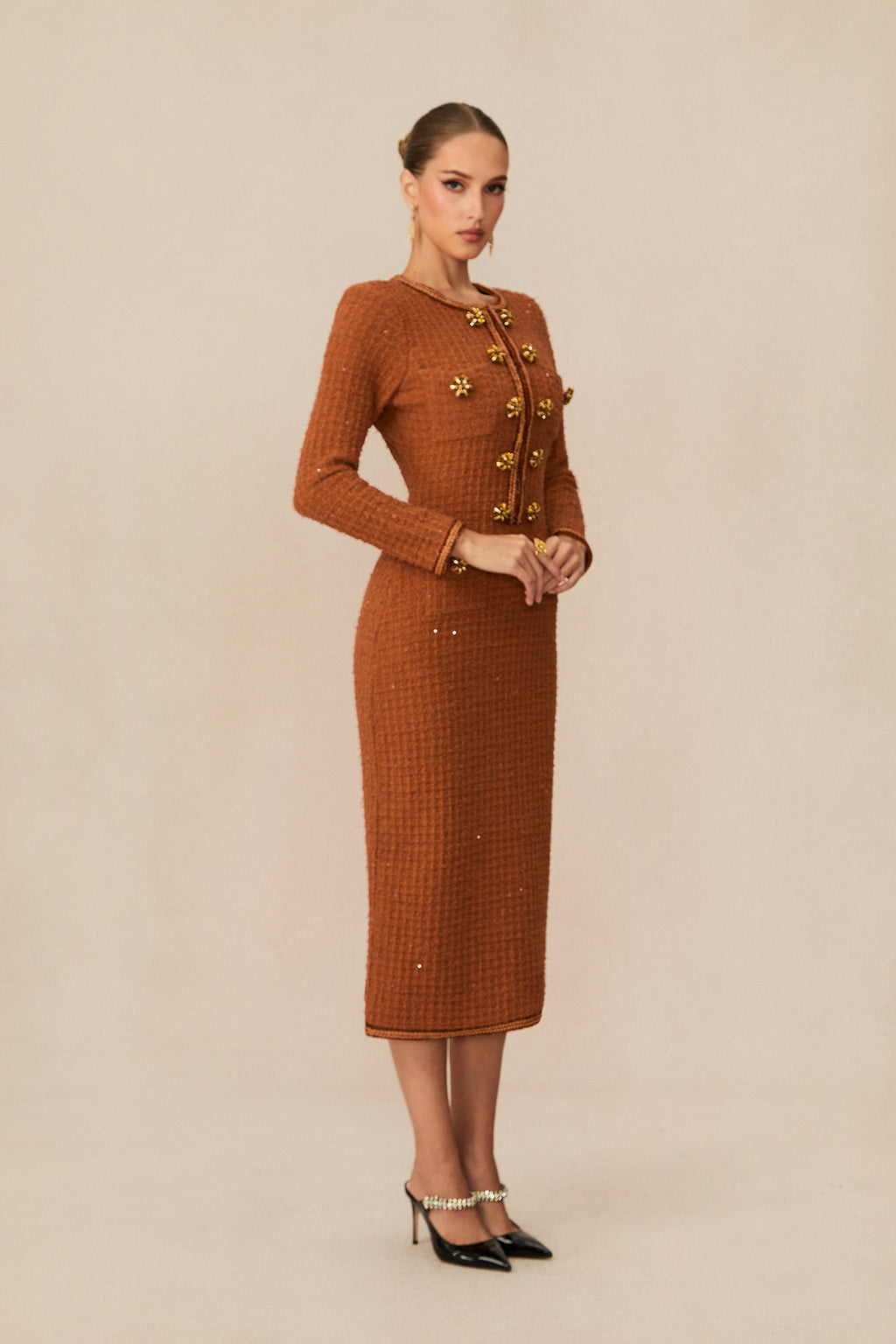 Cultured Poise Brown Crystal Button Tweed Midi Dress