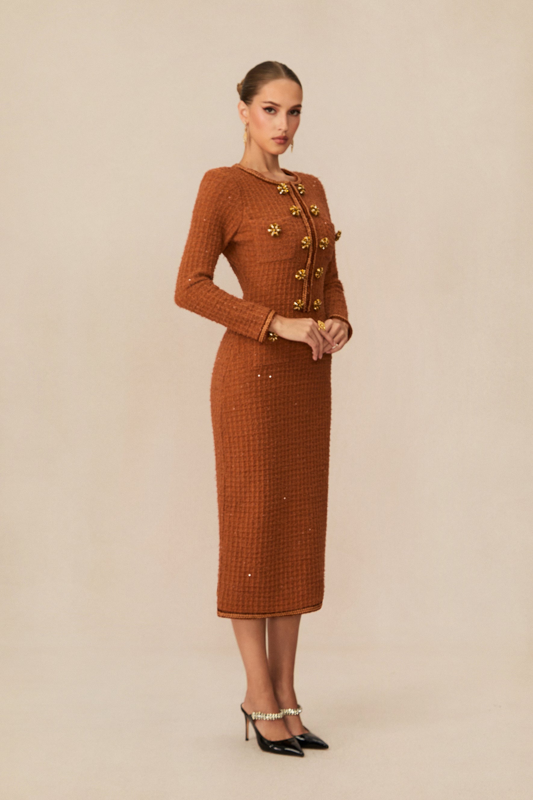 Cultured Poise Brown Crystal Button Tweed Midi Dress