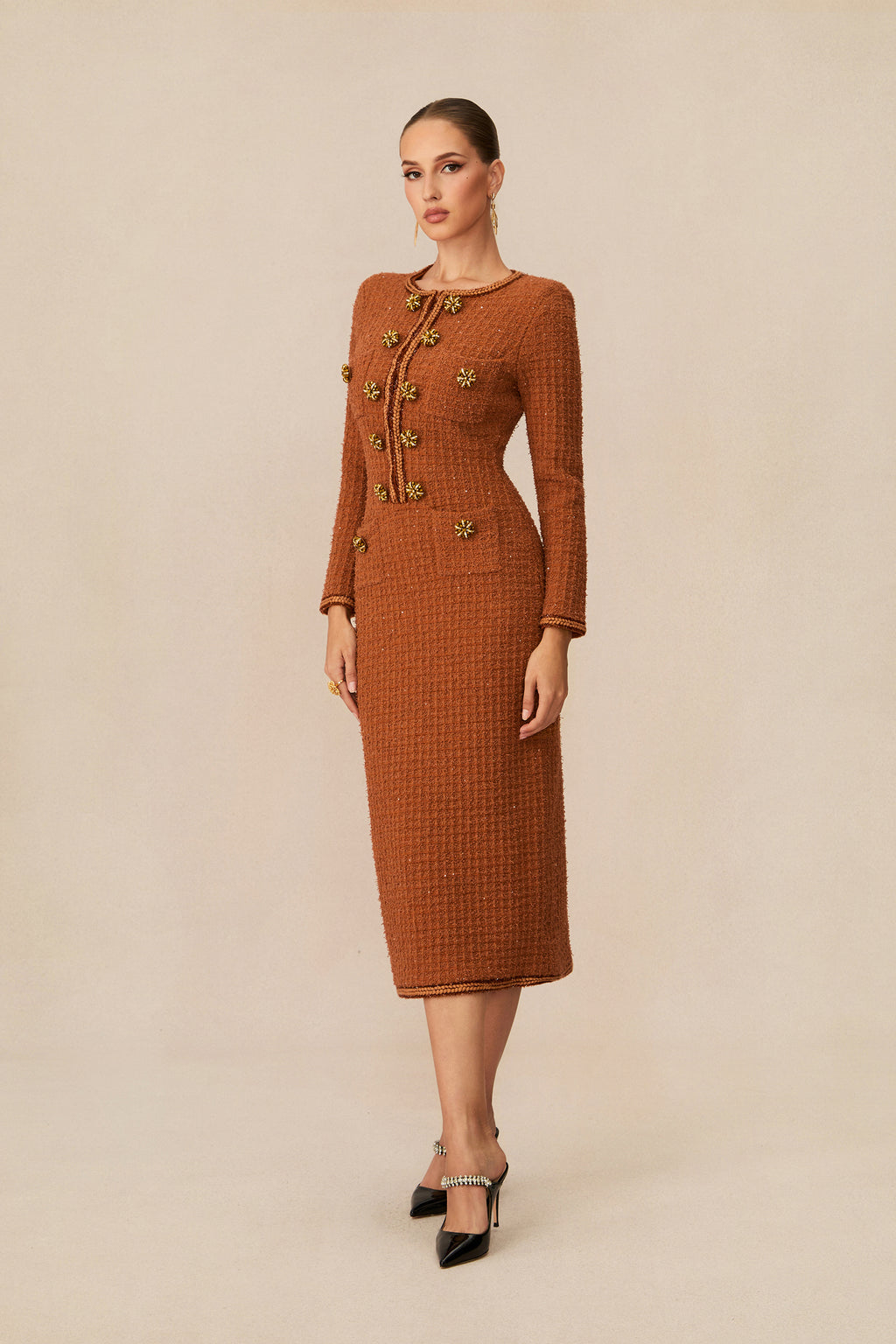 Cultured Poise Brown Crystal Button Tweed Midi Dress