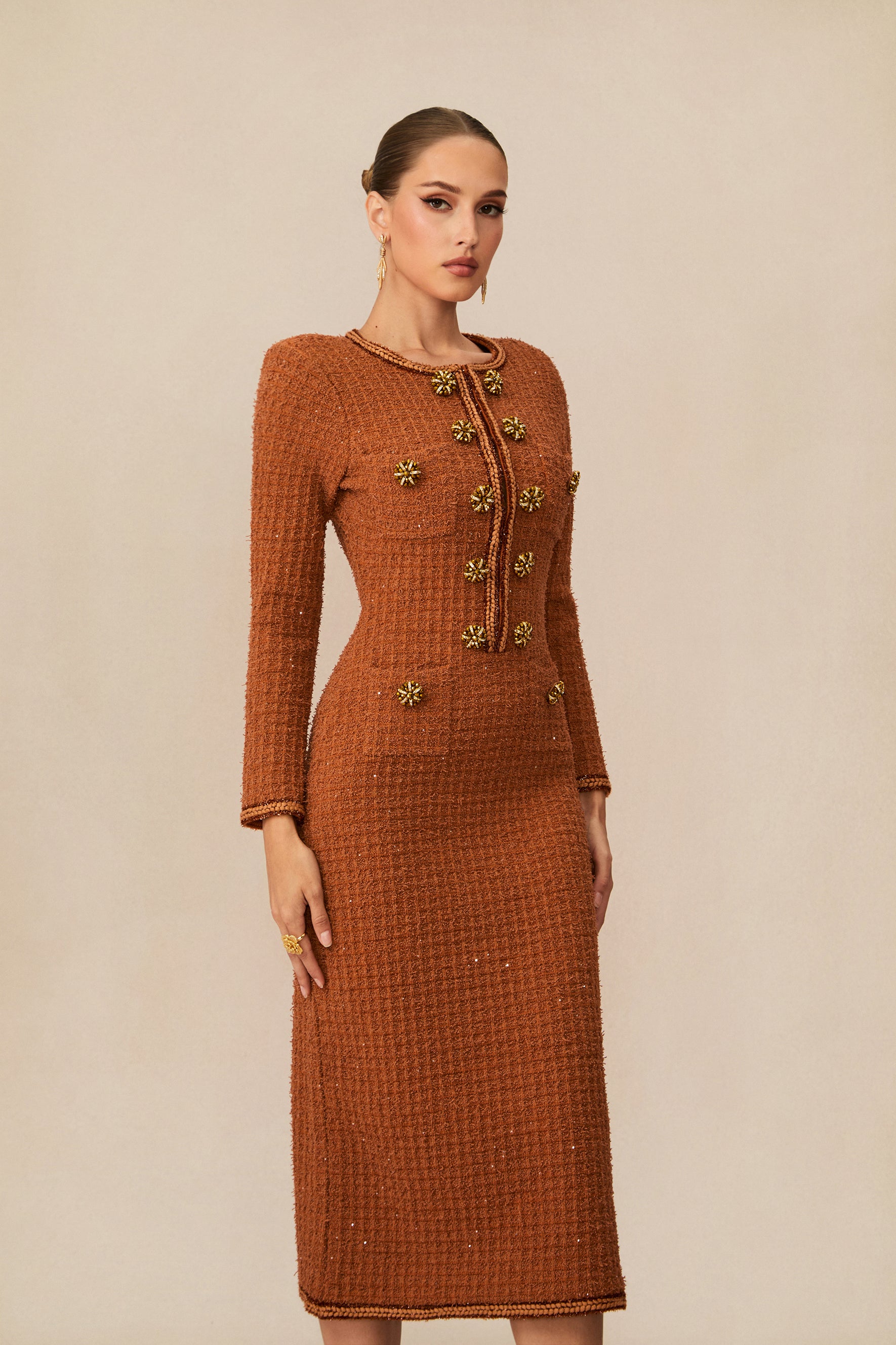 Cultured Poise Brown Crystal Button Tweed Midi Dress