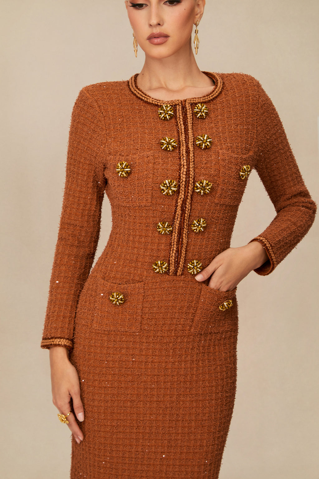 Cultured Poise Brown Crystal Button Tweed Midi Dress