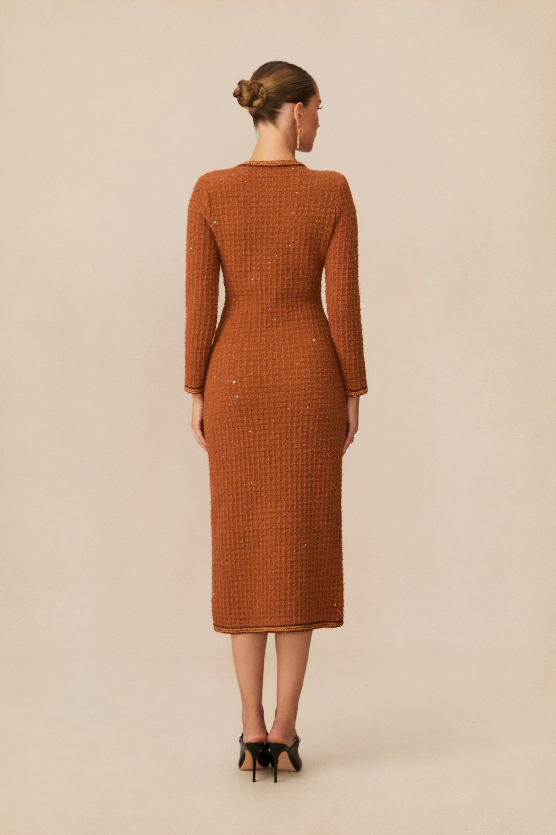 Cultured Poise Brown Crystal Button Tweed Midi Dress