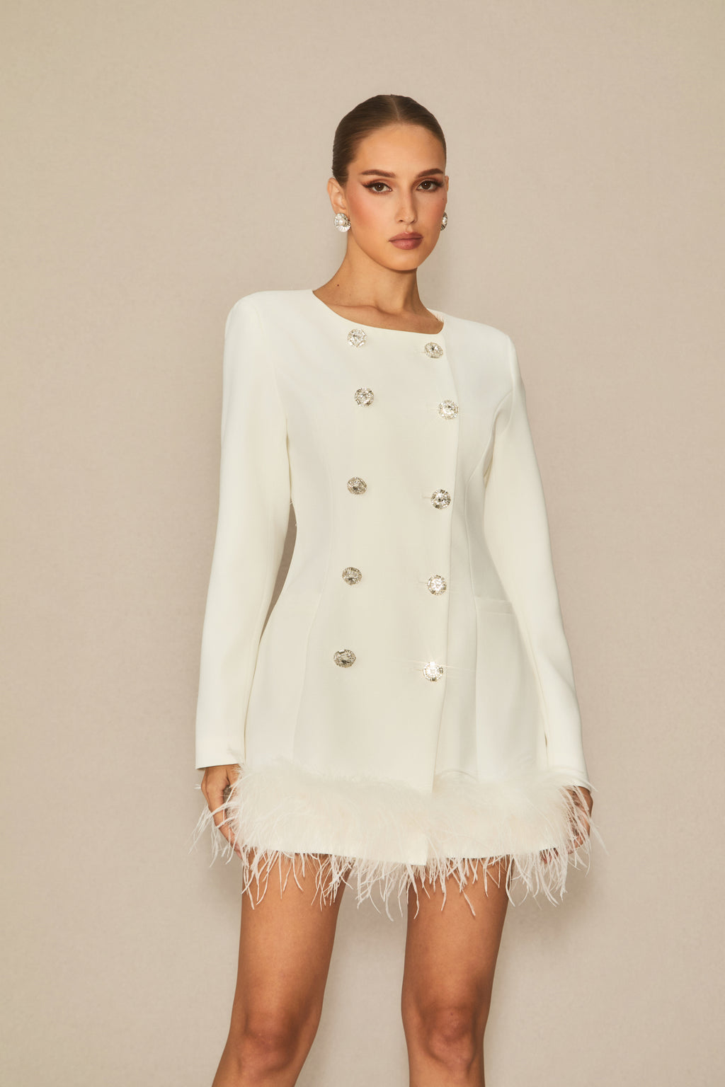 White Double Breasted Feather Mini Dress