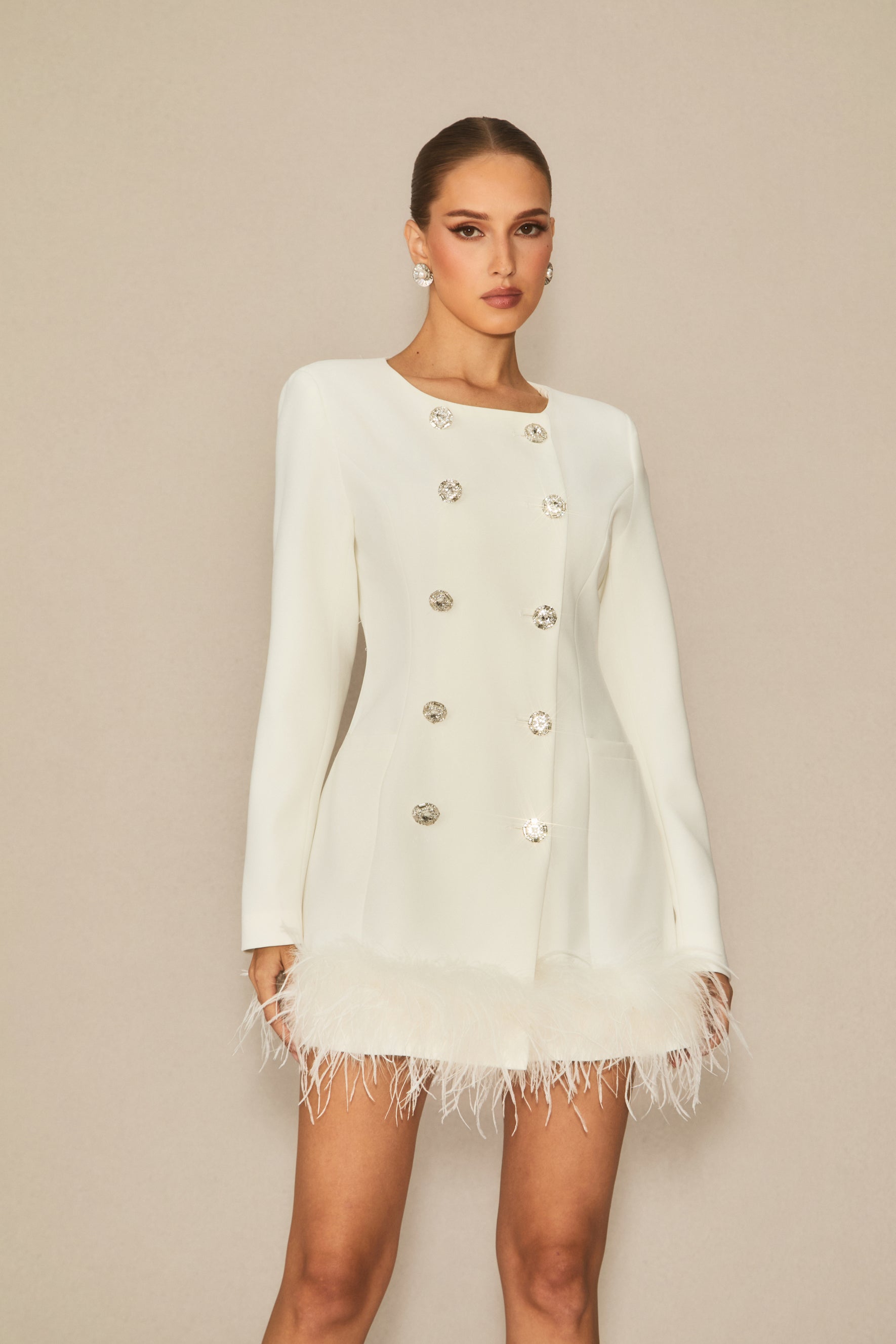 White Double Breasted Feather Mini Dress