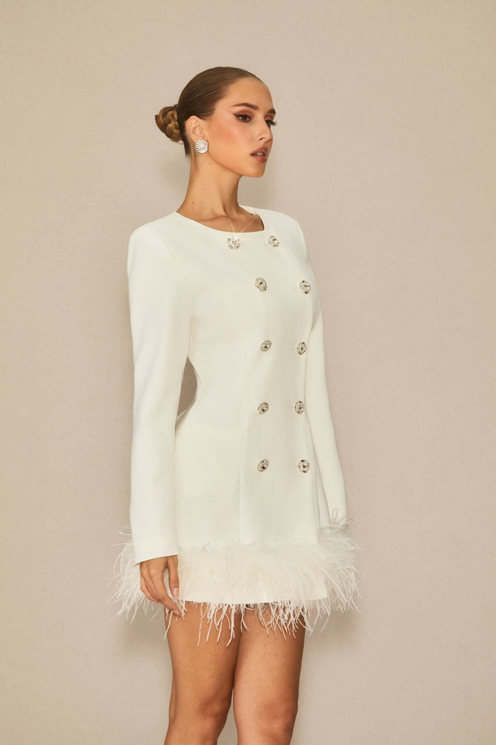 White Double Breasted Feather Mini Dress