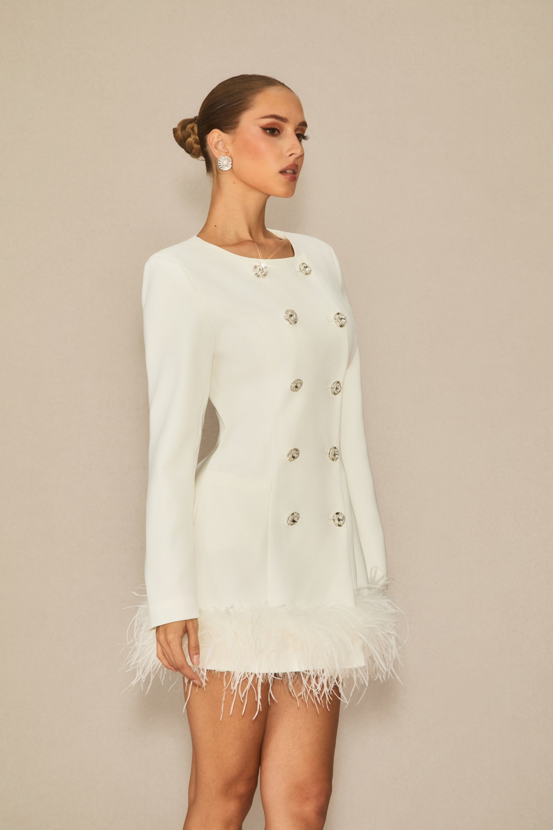 White Double Breasted Feather Mini Dress