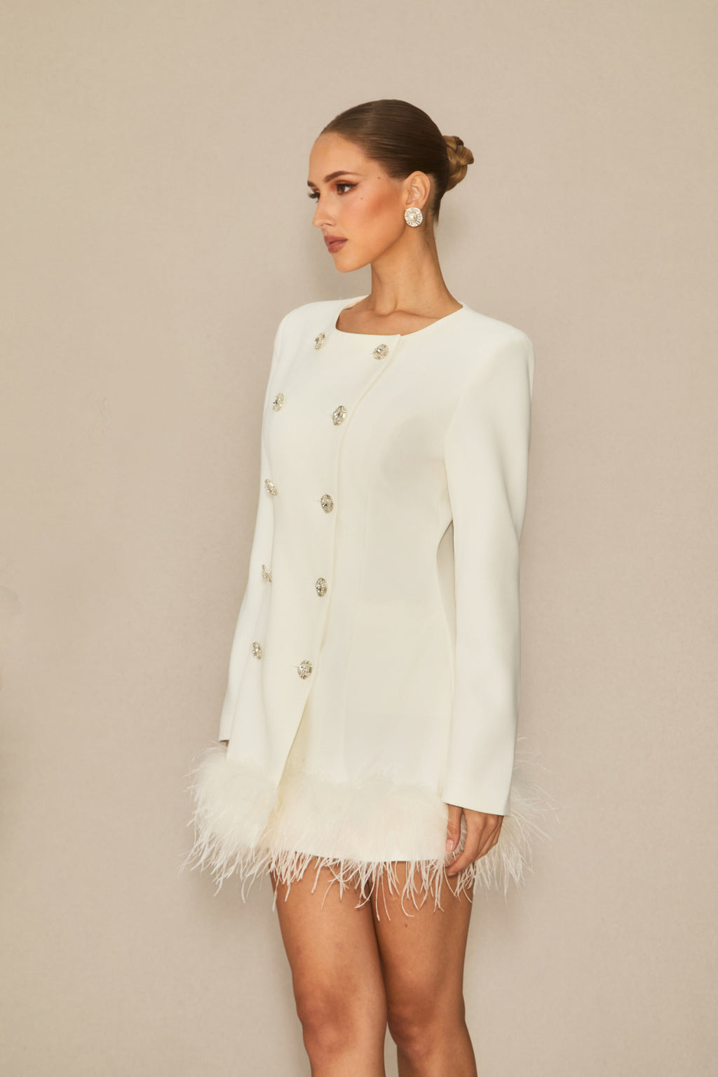 White Double Breasted Feather Mini Dress