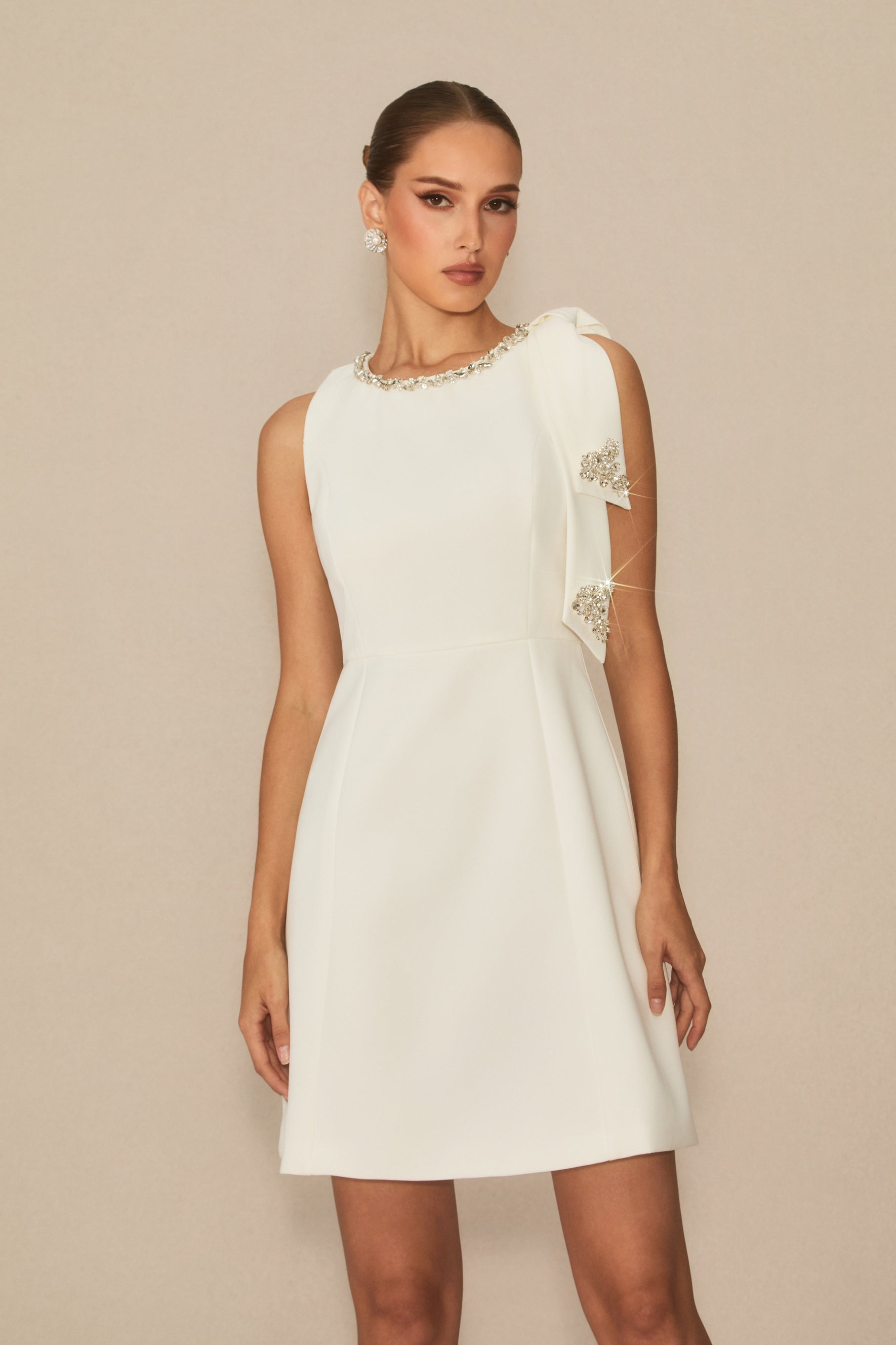 Always Celebrate White Embellished Bow Mini Dress