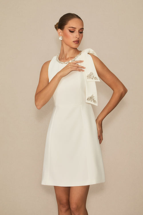 Always Celebrate White Embellished Bow Mini Dress