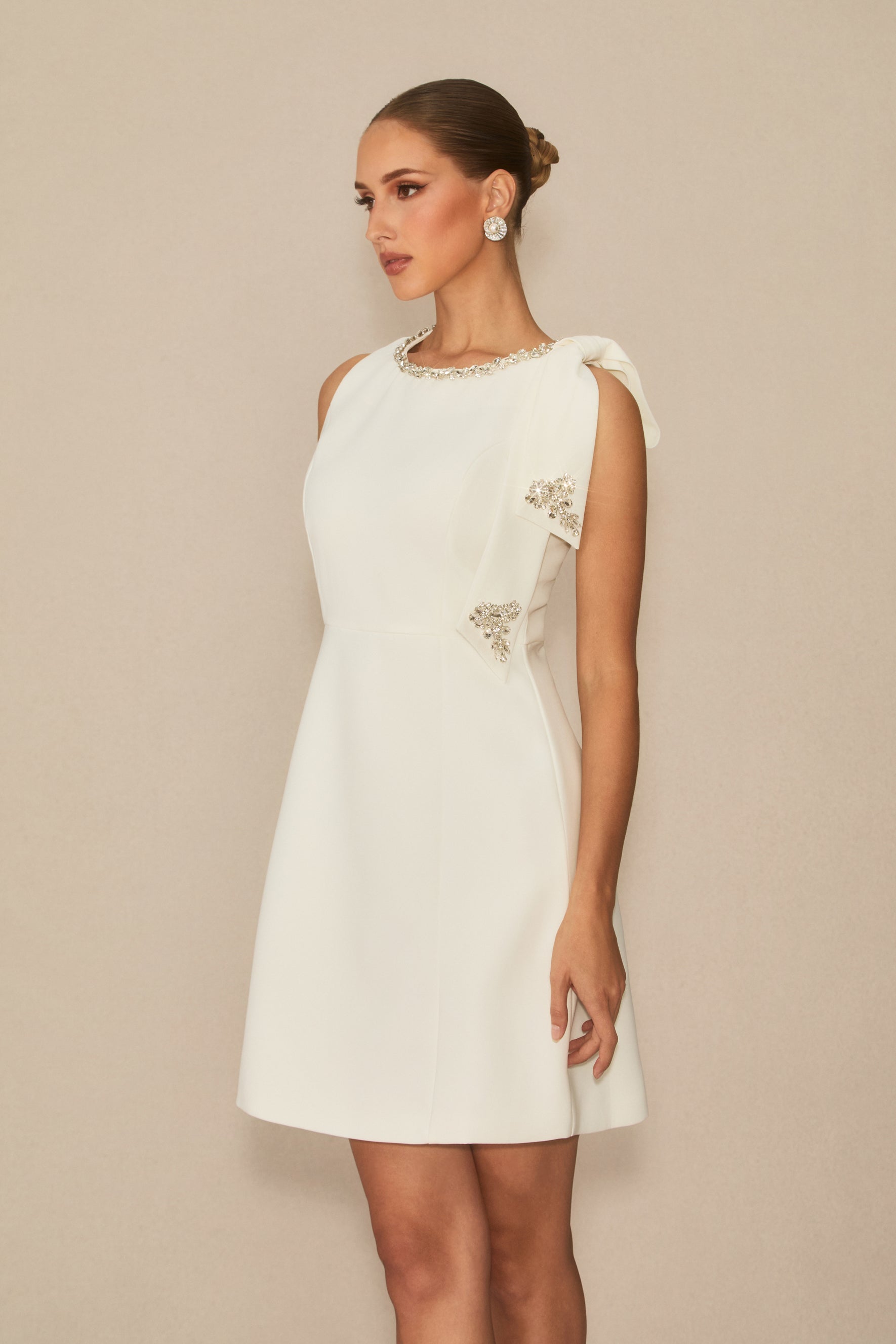 Always Celebrate White Embellished Bow Mini Dress