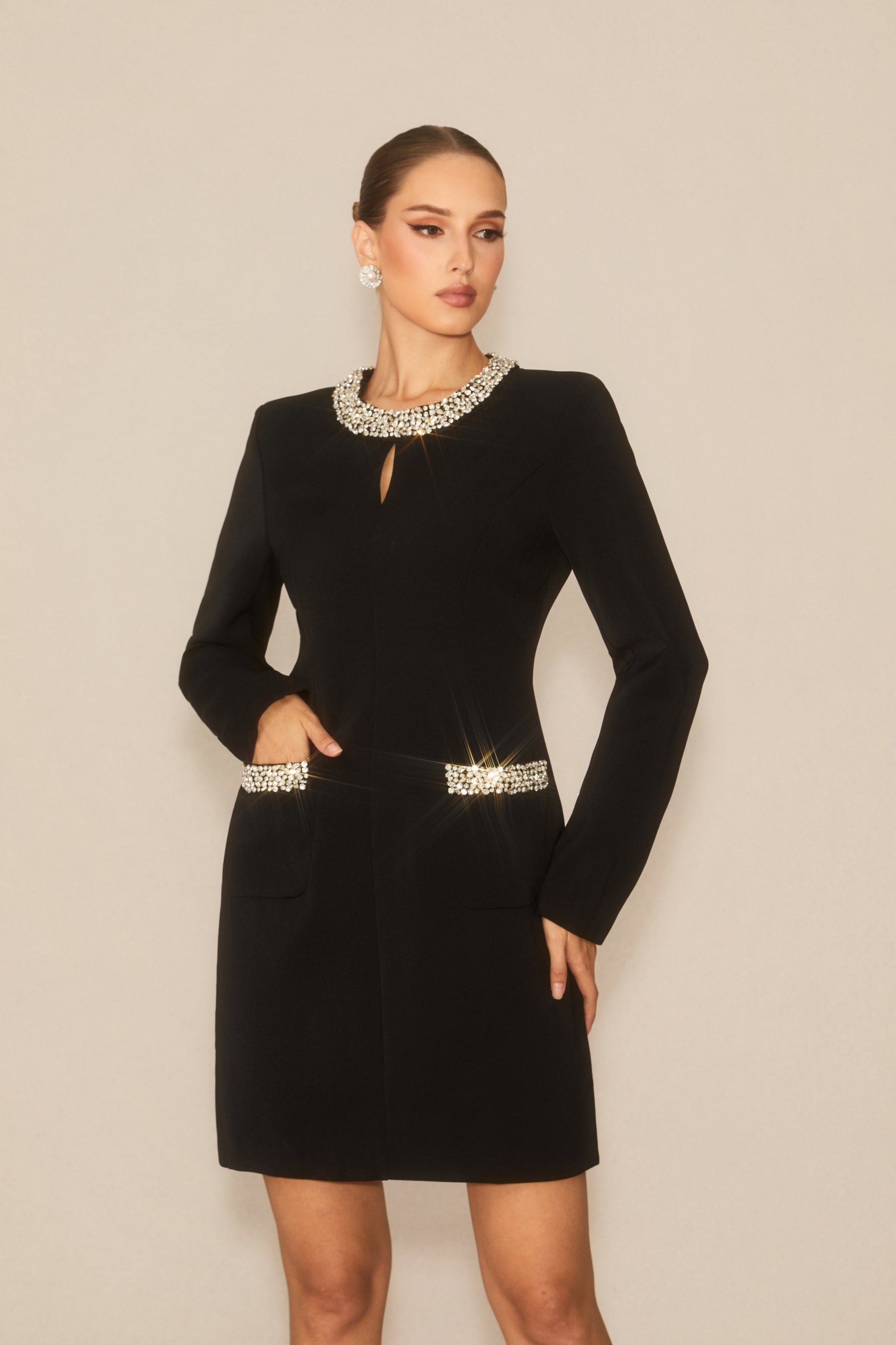 Gorgeous Black Mini Dress With Crystal Trim