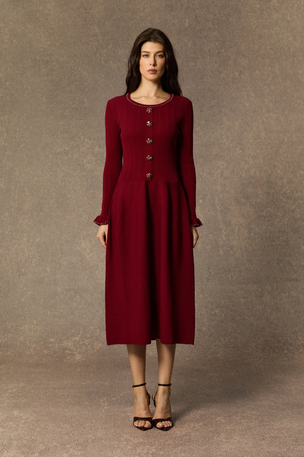 Fall Luxury Burgundy Jewel Button Ruffle Cuff Midi Dress