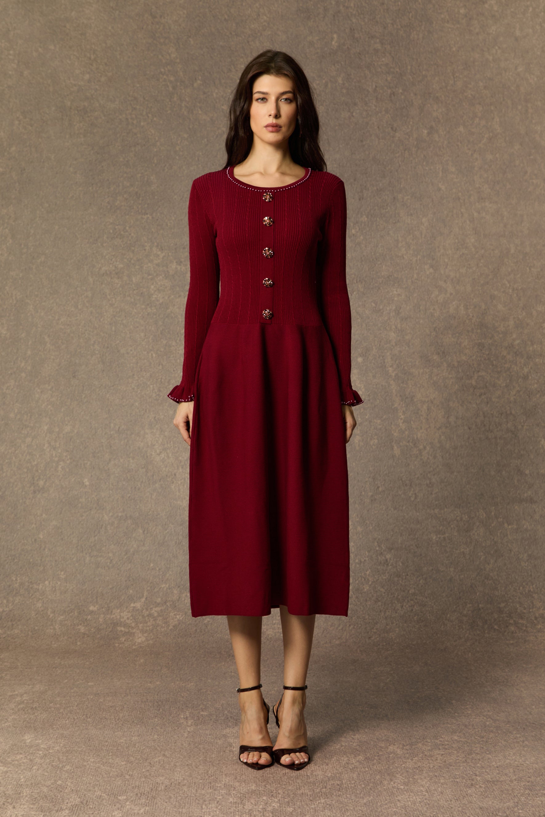 Fall Luxury Burgundy Jewel Button Ruffle Cuff Midi Dress
