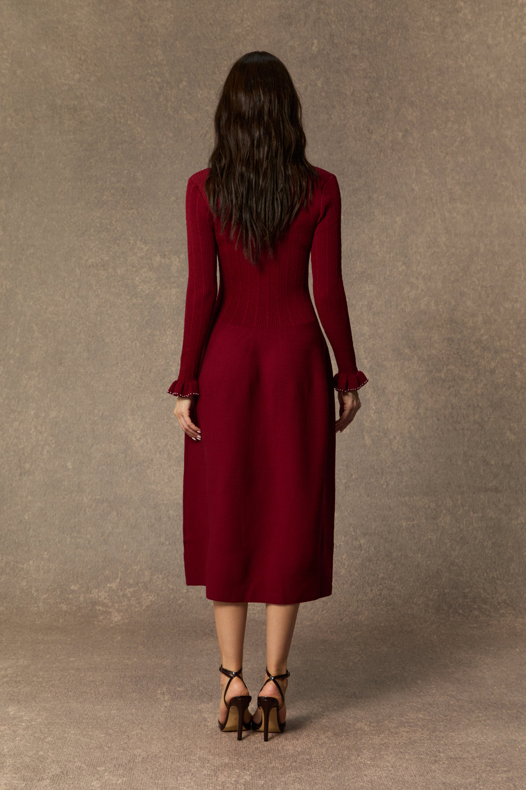 Fall Luxury Burgundy Jewel Button Ruffle Cuff Midi Dress