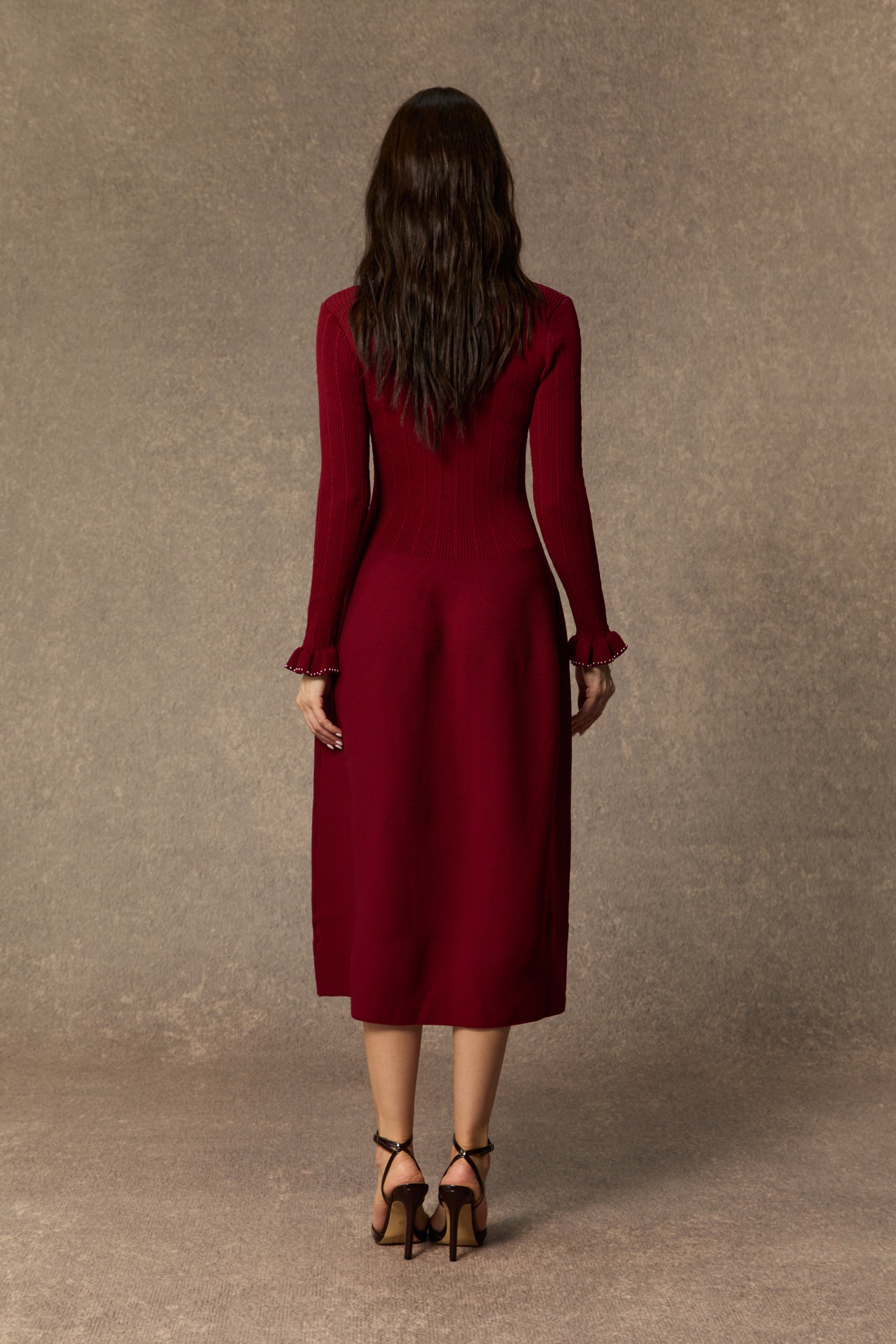 Fall Luxury Burgundy Jewel Button Ruffle Cuff Midi Dress