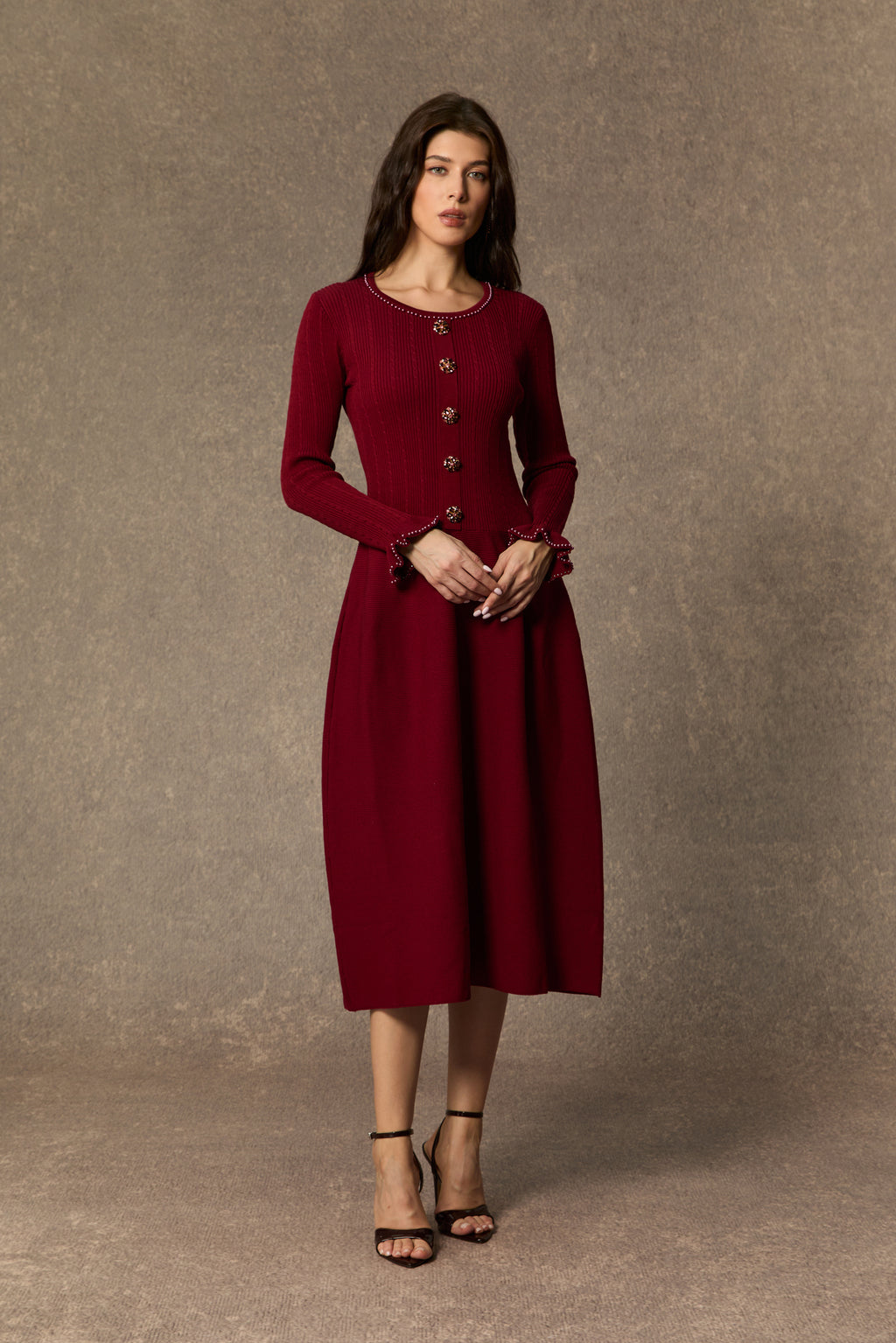 Fall Luxury Burgundy Jewel Button Ruffle Cuff Midi Dress