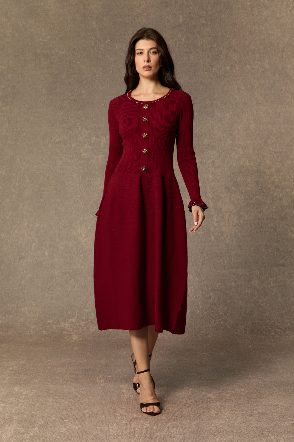 Fall Luxury Burgundy Jewel Button Ruffle Cuff Midi Dress