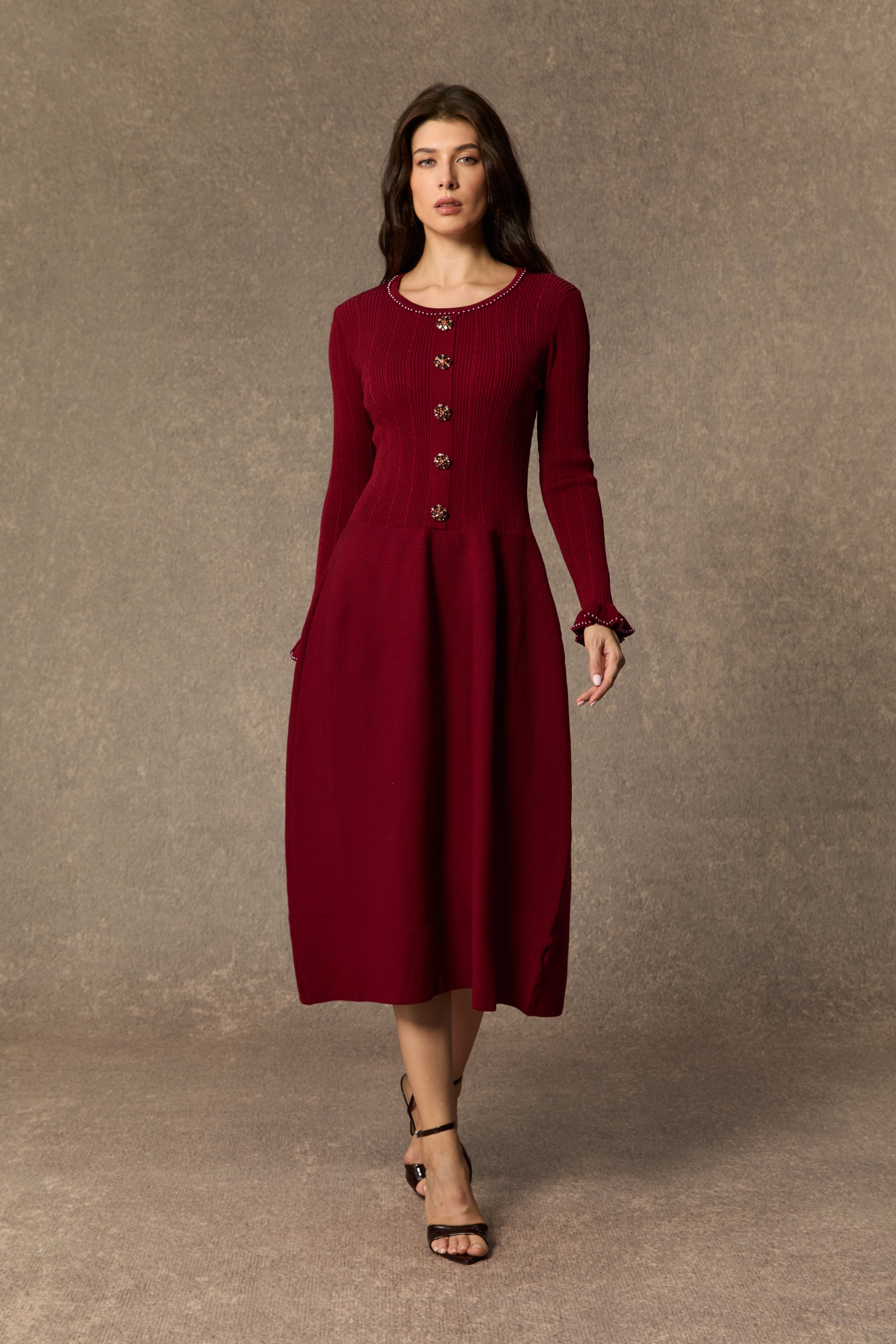 Fall Luxury Burgundy Jewel Button Ruffle Cuff Midi Dress