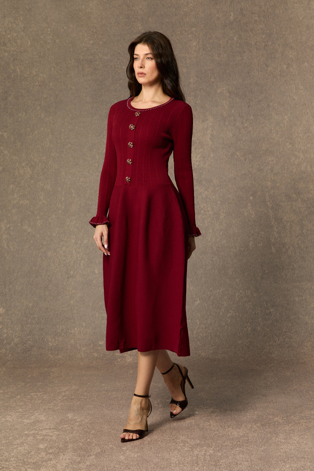 Fall Luxury Burgundy Jewel Button Ruffle Cuff Midi Dress