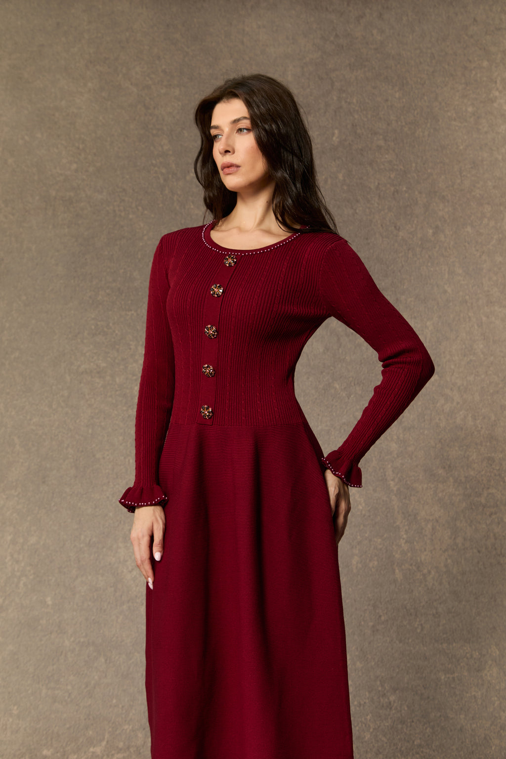 Fall Luxury Burgundy Jewel Button Ruffle Cuff Midi Dress