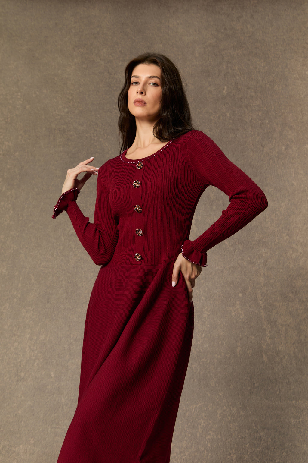 Fall Luxury Burgundy Jewel Button Ruffle Cuff Midi Dress