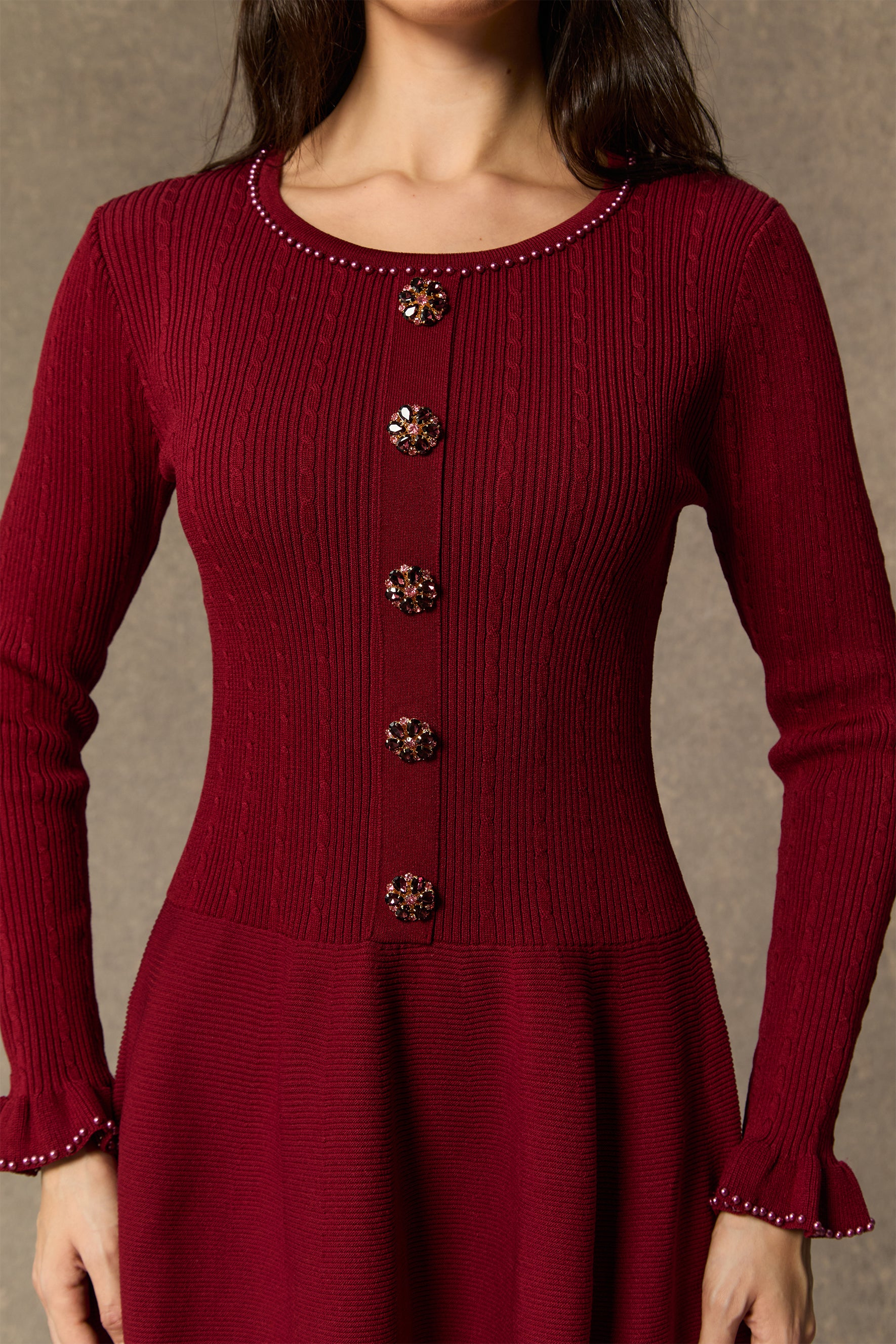 Fall Luxury Burgundy Jewel Button Ruffle Cuff Midi Dress