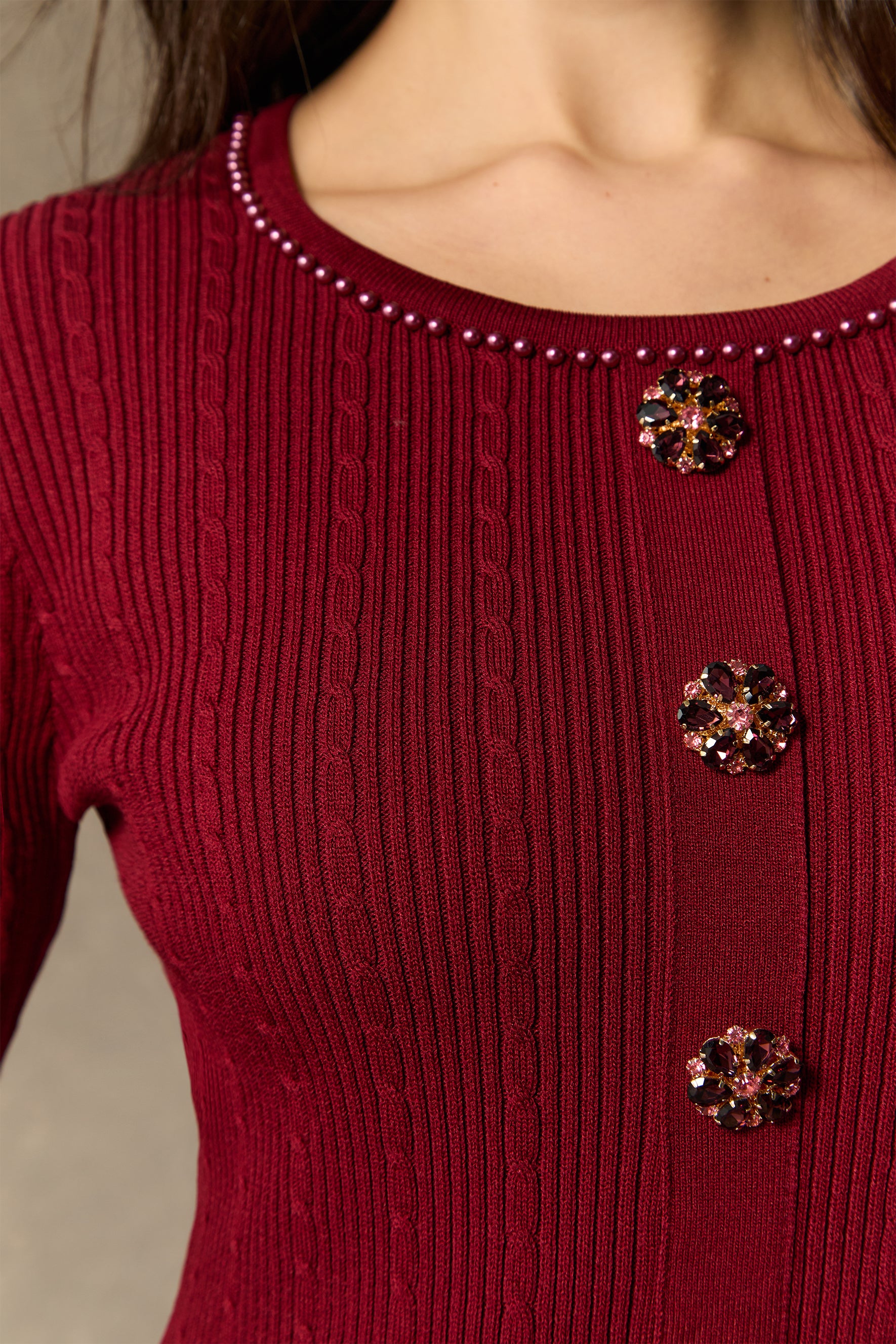 Fall Luxury Burgundy Jewel Button Ruffle Cuff Midi Dress