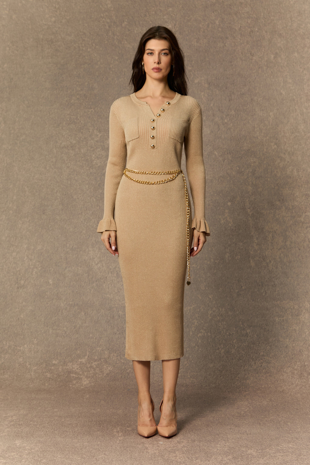 City Of Luxe Beige Knitted Midi Dress with Pleated Cuffs