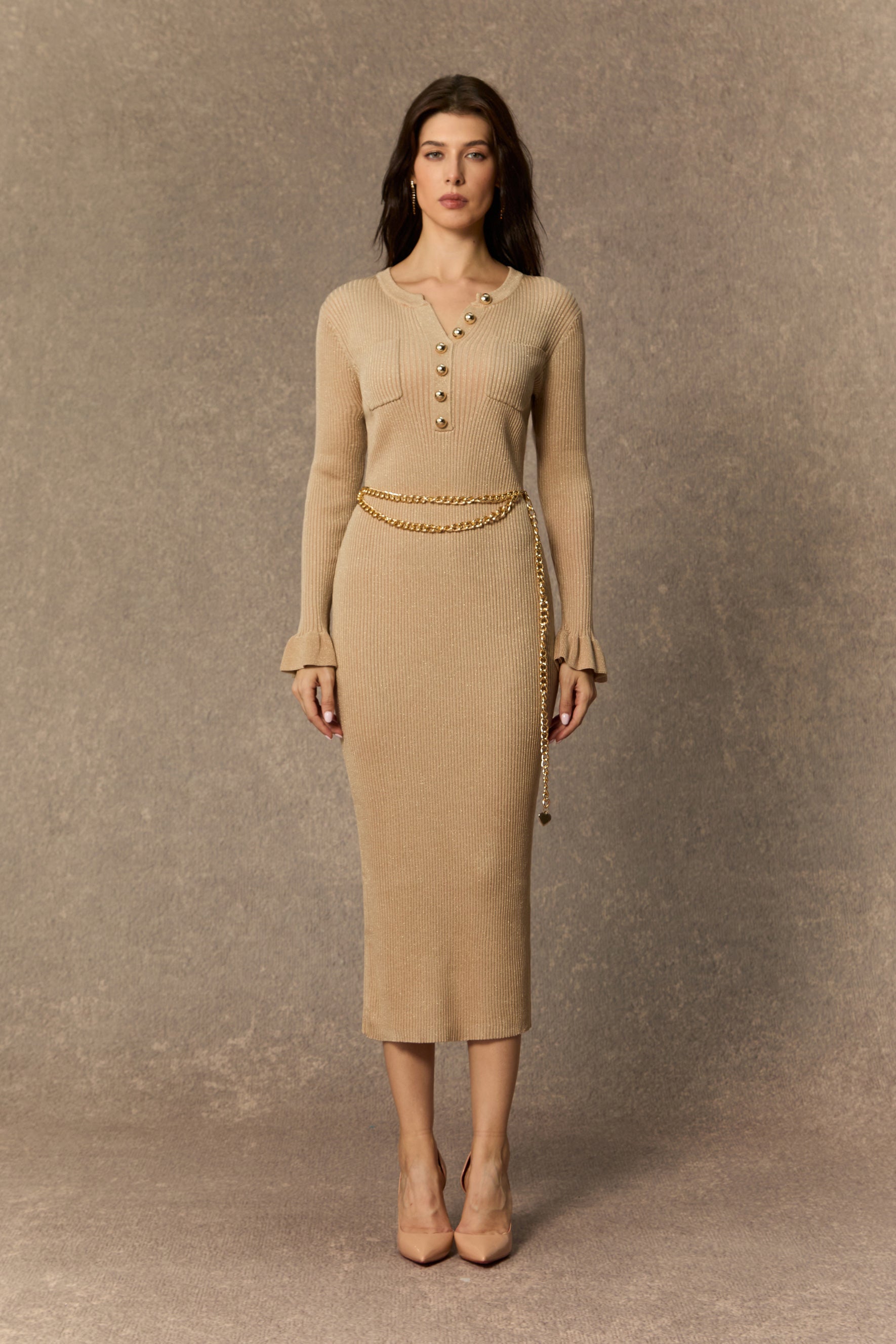 City Of Luxe Beige Knitted Midi Dress with Pleated Cuffs