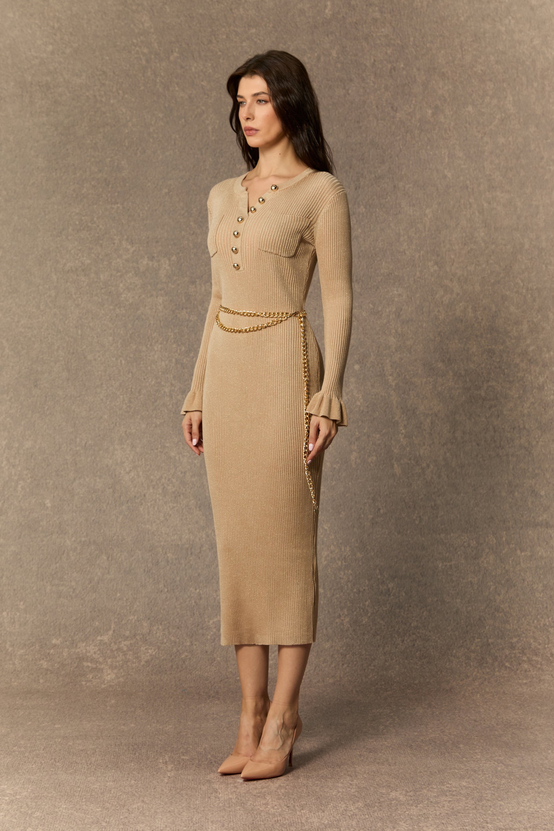 City Of Luxe Beige Knitted Midi Dress with Pleated Cuffs