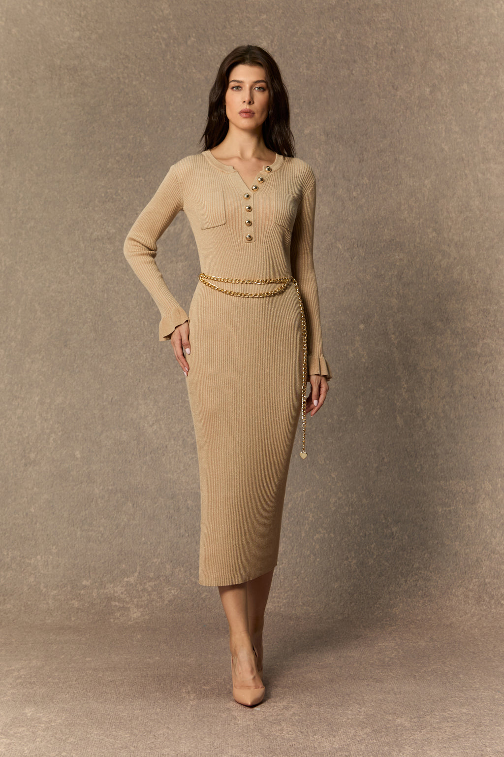 City Of Luxe Beige Knitted Midi Dress with Pleated Cuffs