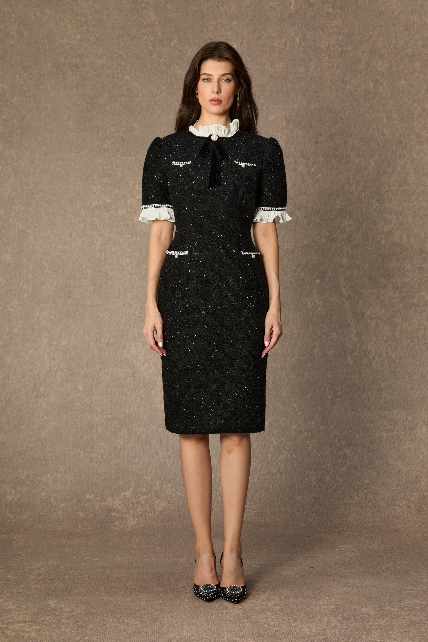 Precious and Perfect White Velvet Bow Ruffle Midi Dress