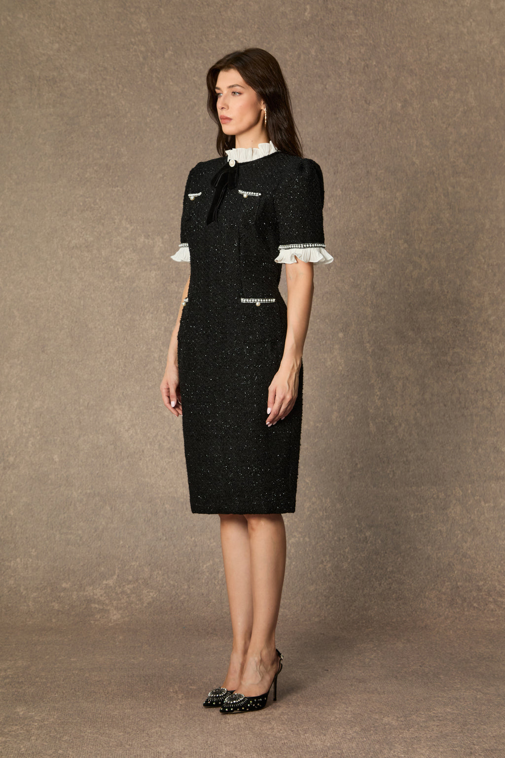 Precious and Perfect White Velvet Bow Ruffle Midi Dress