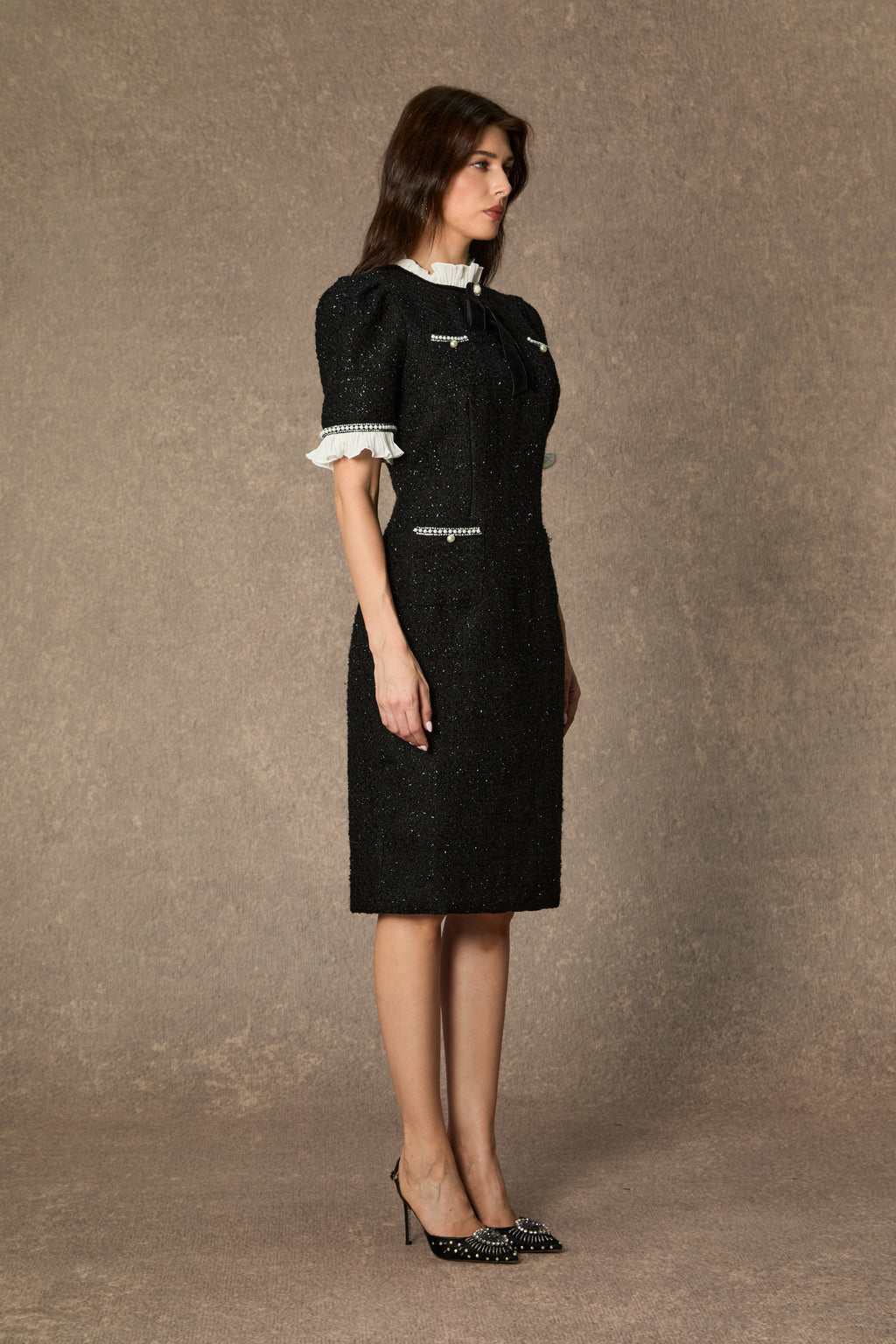 Precious and Perfect White Velvet Bow Ruffle Midi Dress