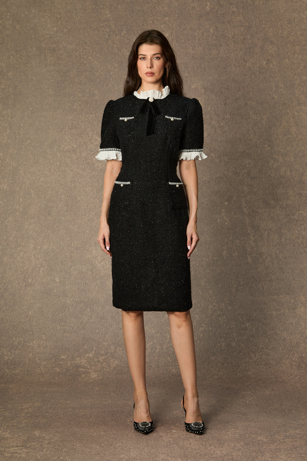 Precious and Perfect White Velvet Bow Ruffle Midi Dress