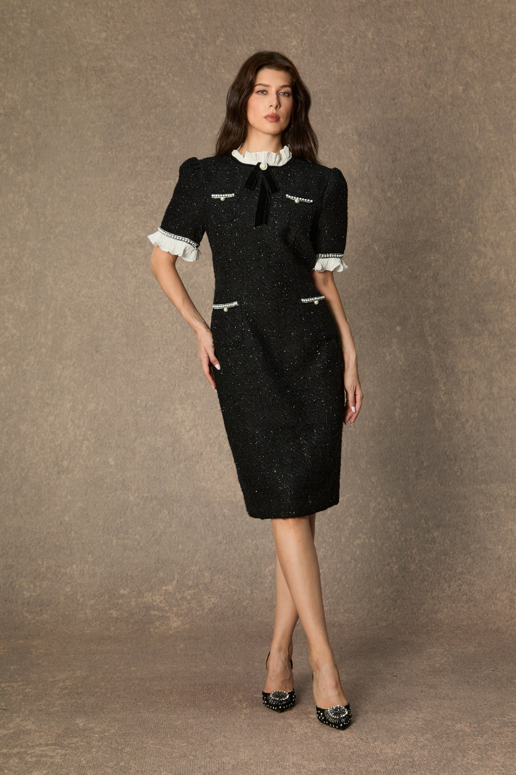 Precious and Perfect White Velvet Bow Ruffle Midi Dress