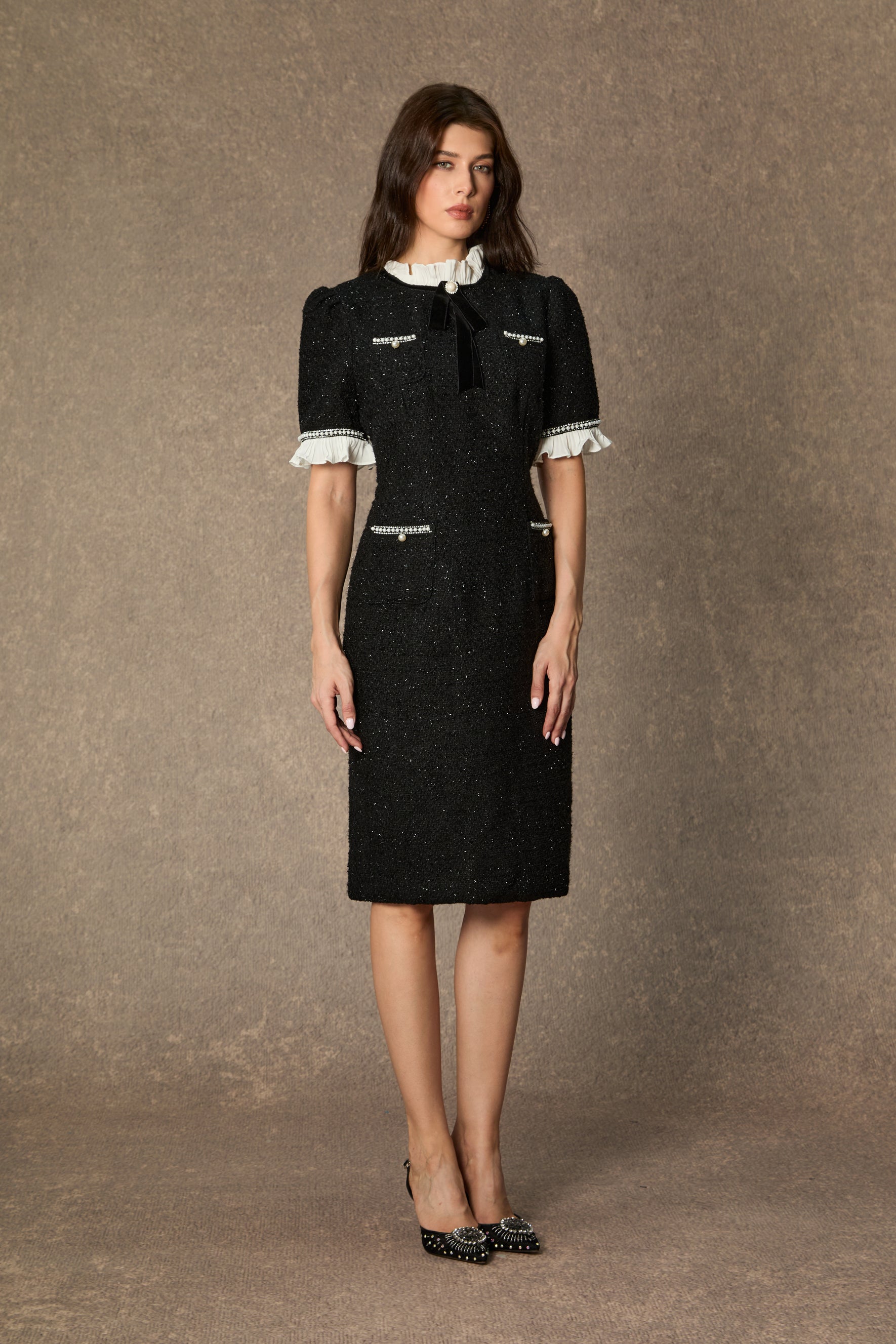 Precious and Perfect White Velvet Bow Ruffle Midi Dress