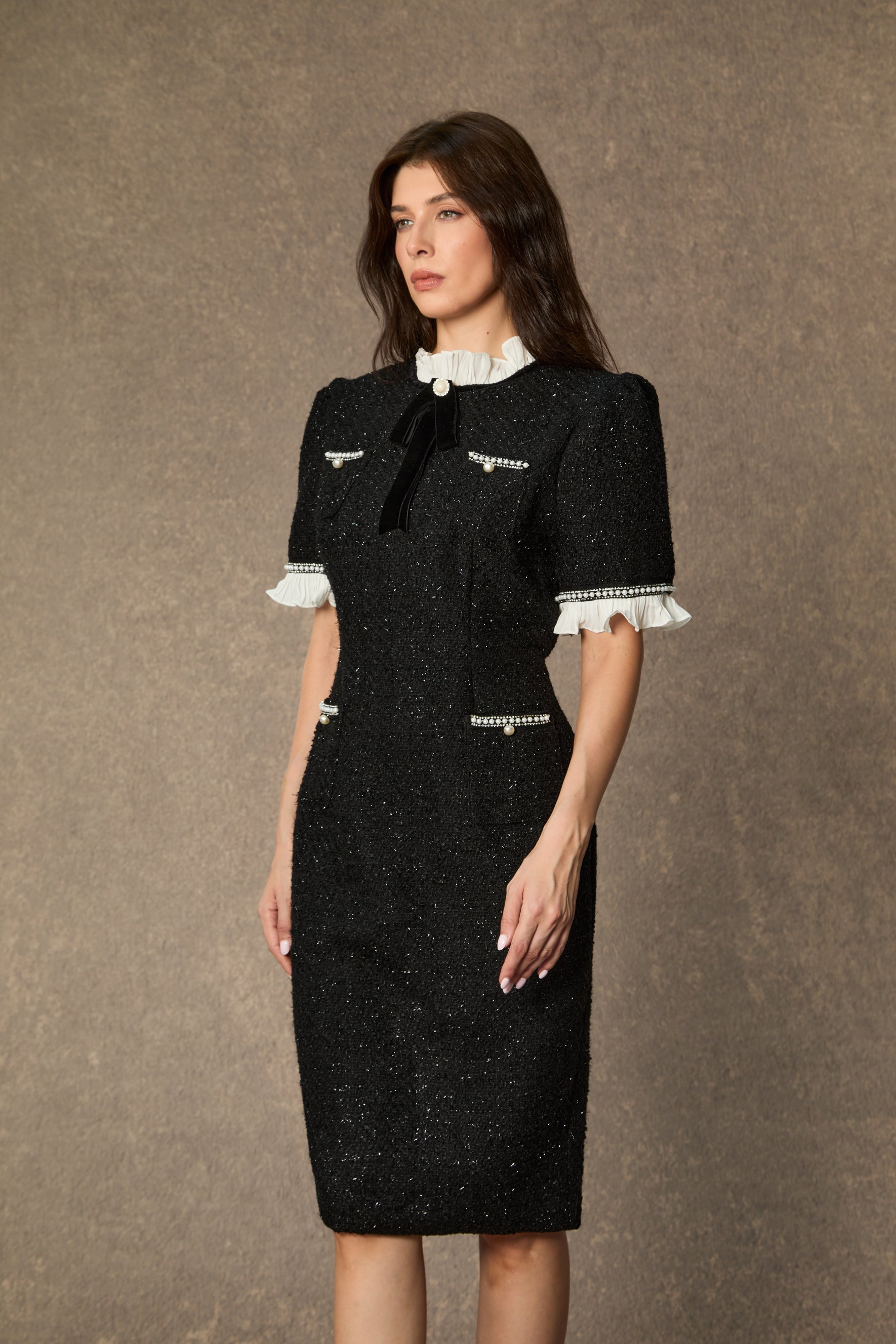 Precious and Perfect White Velvet Bow Ruffle Midi Dress