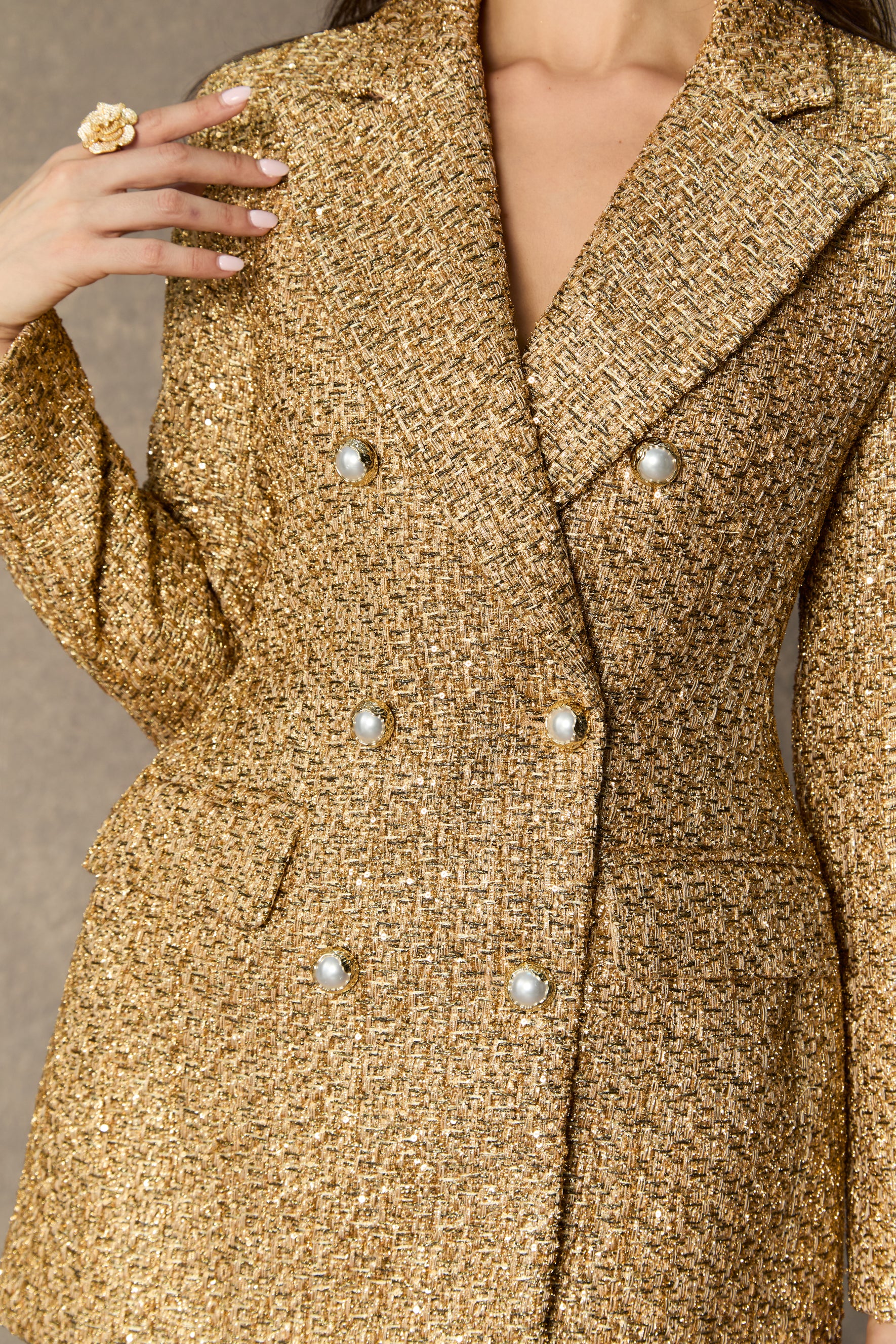 Luxurious Look Gold Double-Knotted Tweed Mini Dress