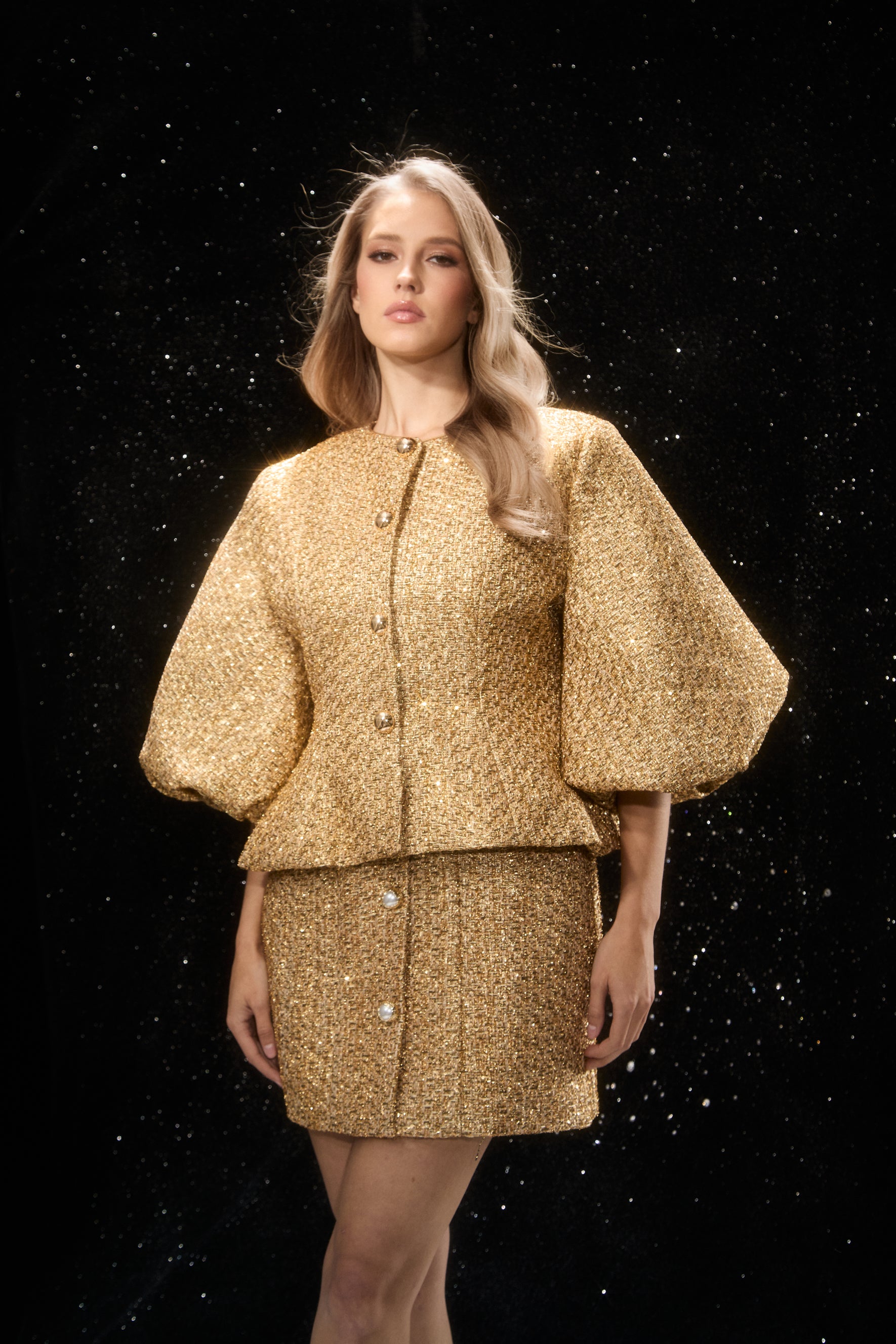 Gold Metallic Puff Sleeve Tweed Jacket