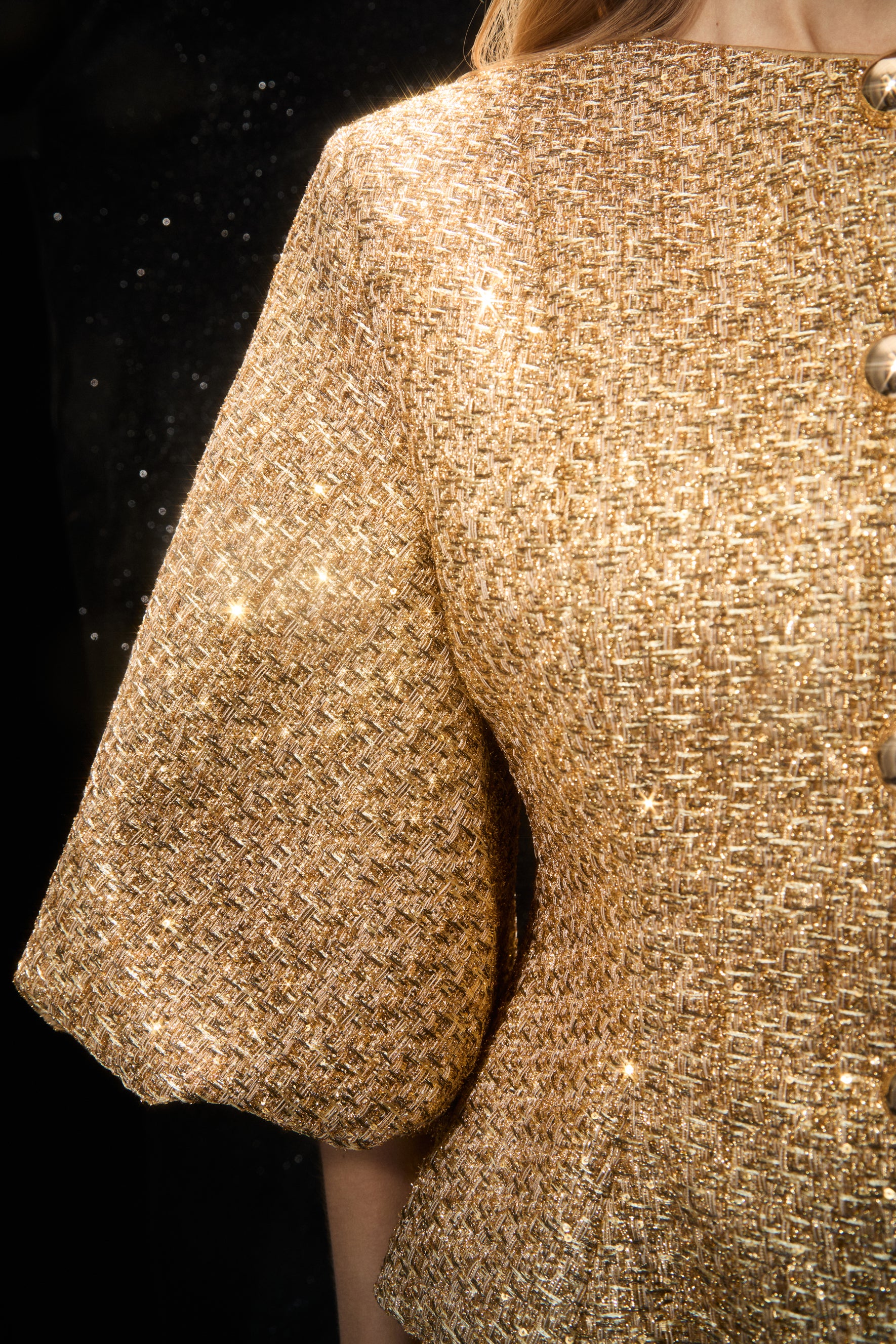 Gold Metallic Puff Sleeve Tweed Jacket