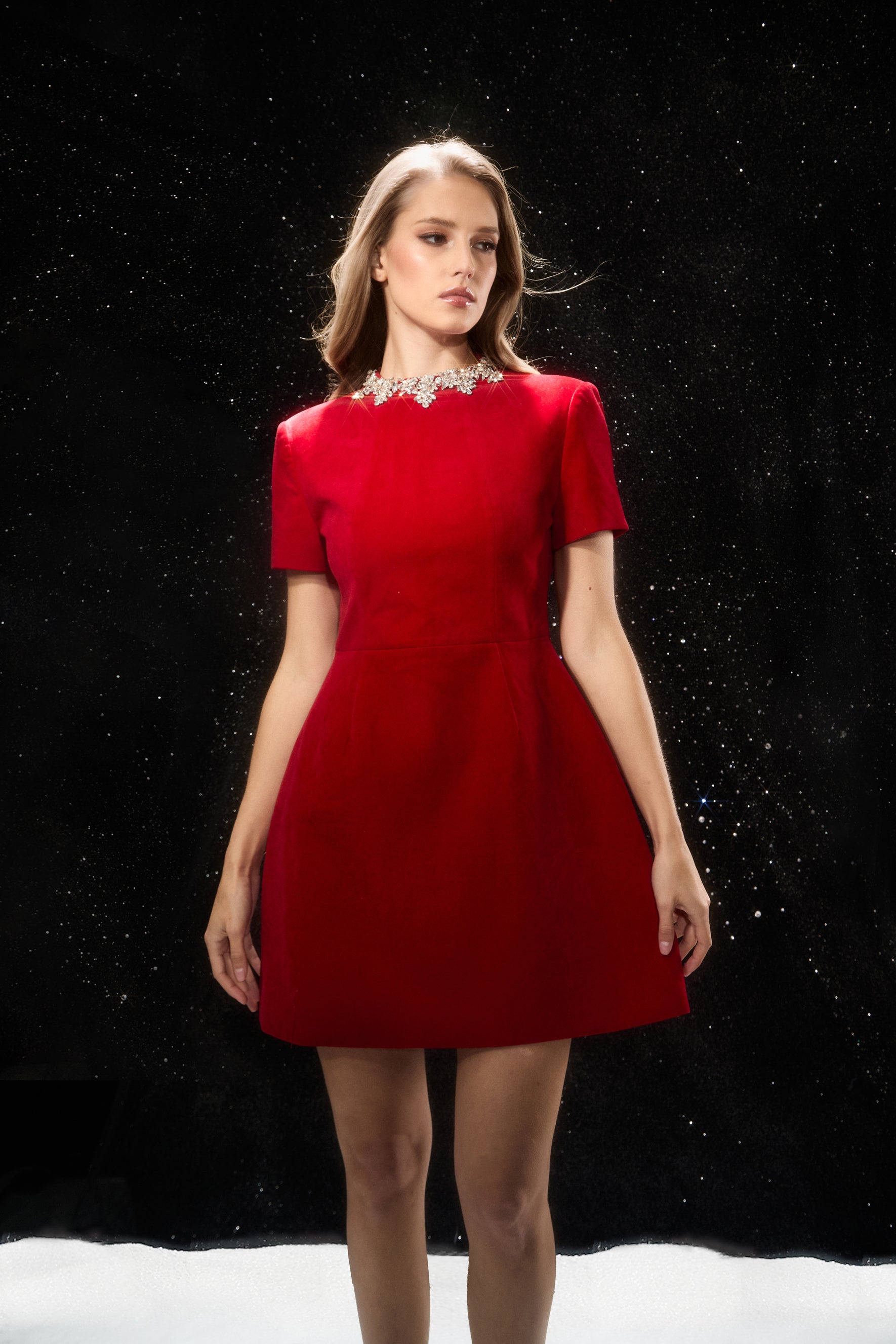 Polished Charm Red Embellished Short Sleeve Mini Dress