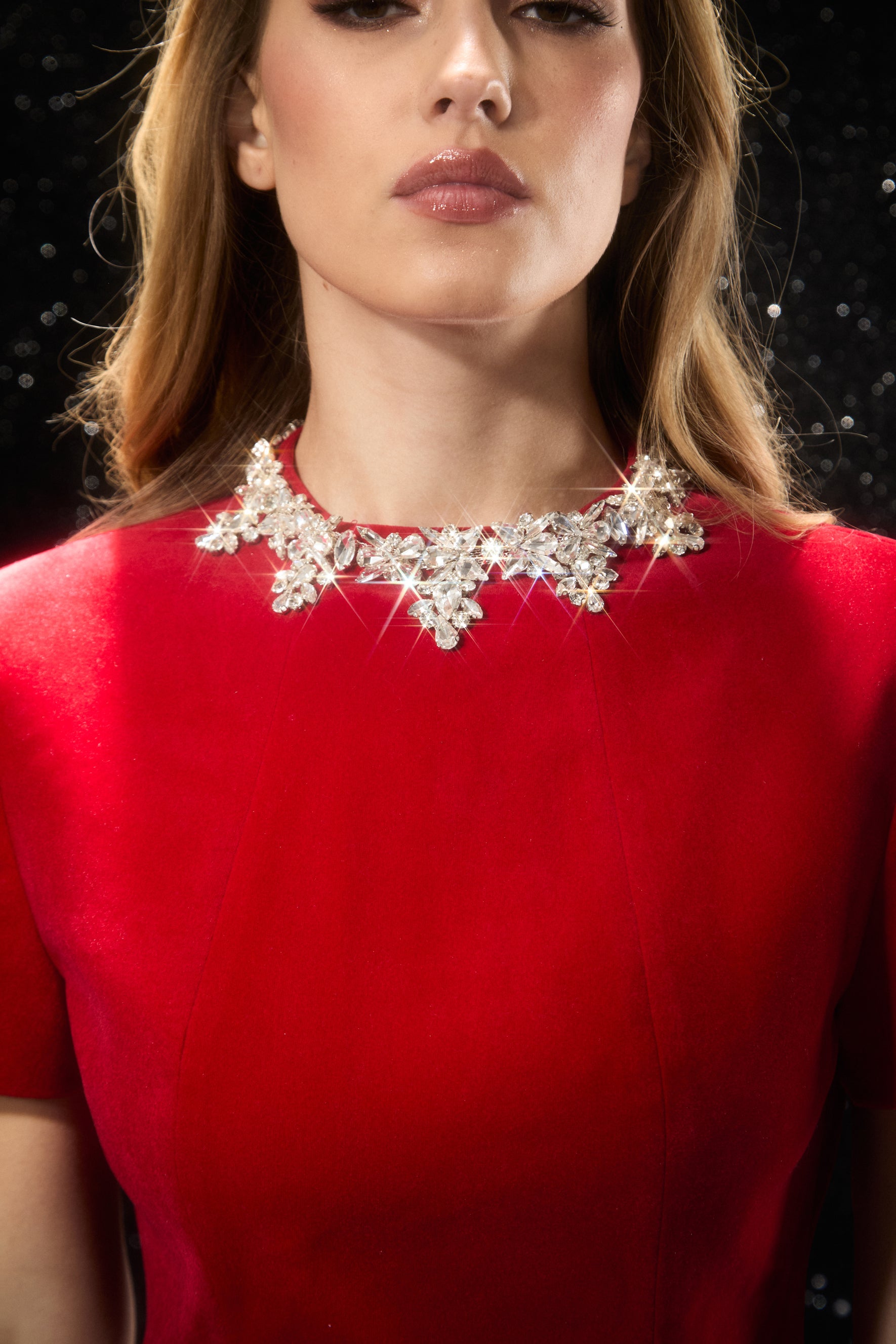 Polished Charm Red Embellished Short Sleeve Mini Dress