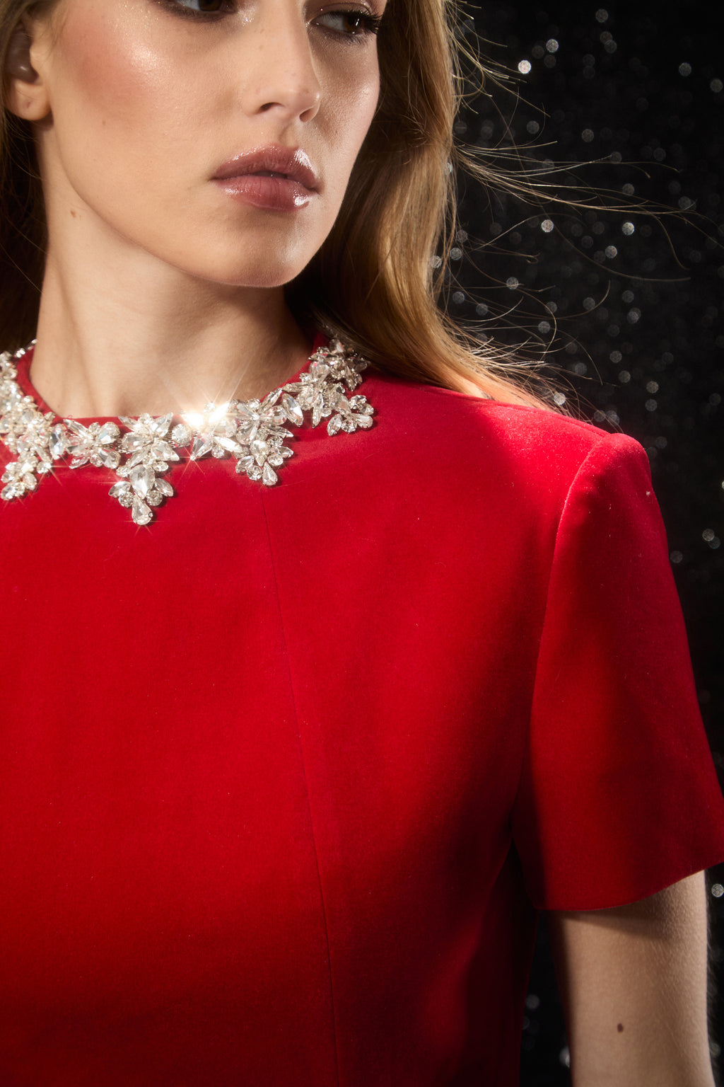 Polished Charm Red Embellished Short Sleeve Mini Dress