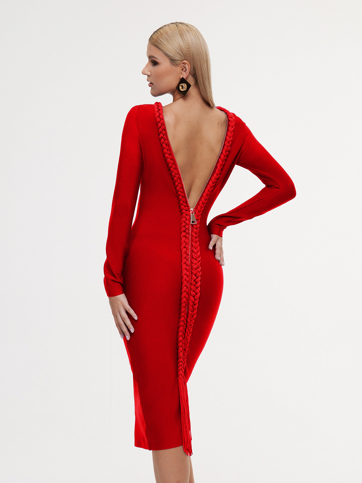 Eddyron Long Sleeve Bandage Midi Dress In Red