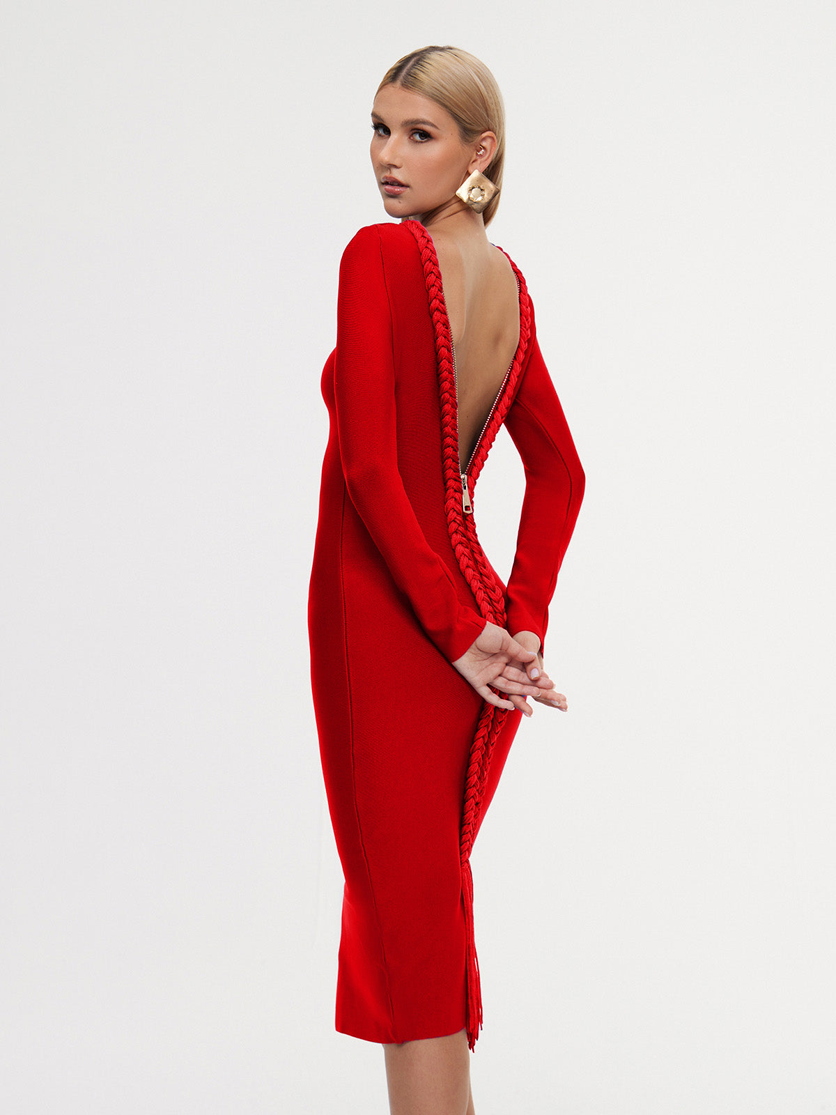 Eddyron Long Sleeve Bandage Midi Dress In Red